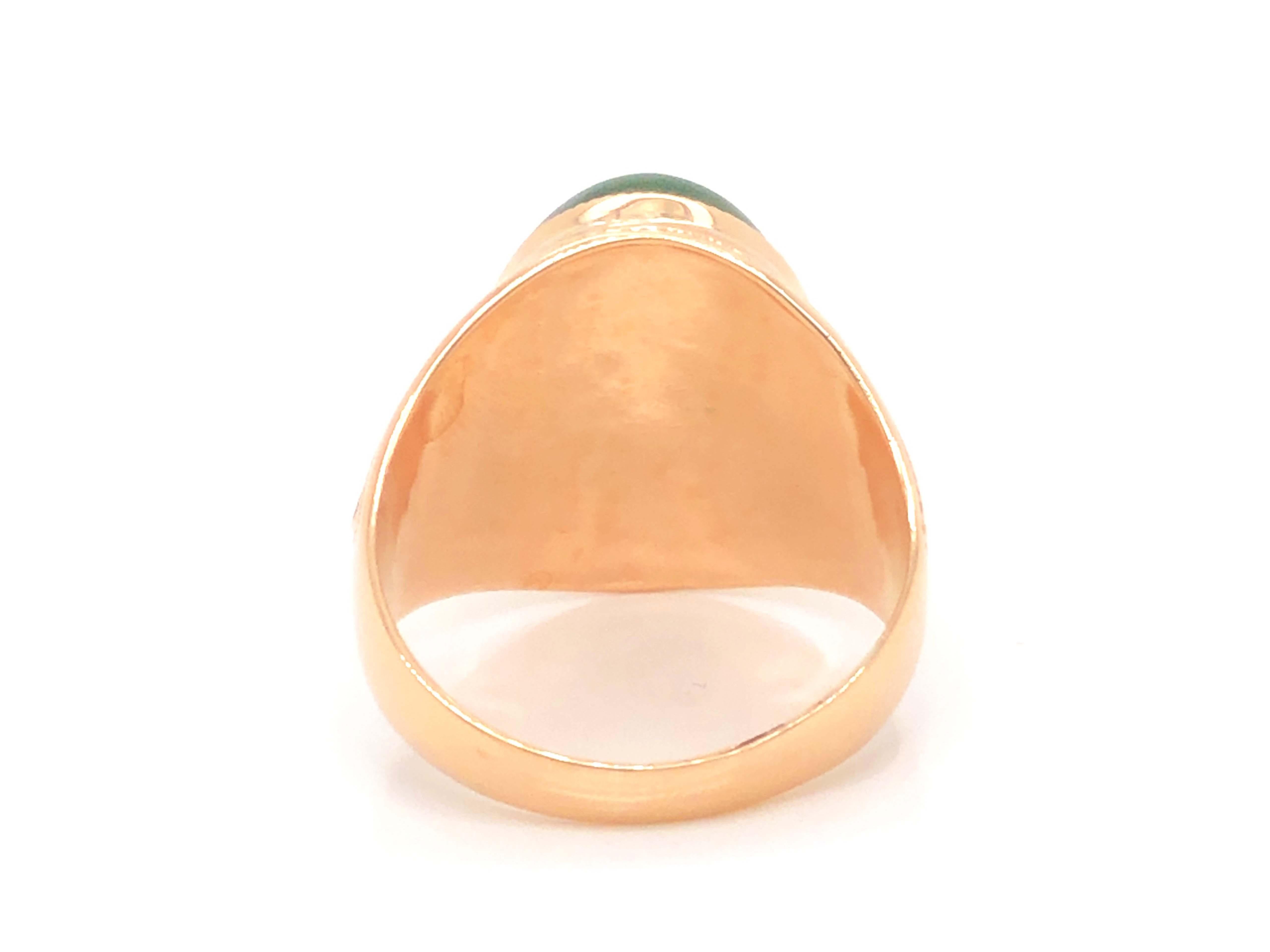 Oval Cut Vintage Men's Oval Dark Green Jade Ring, Engraved Design in 18k Rose Gold