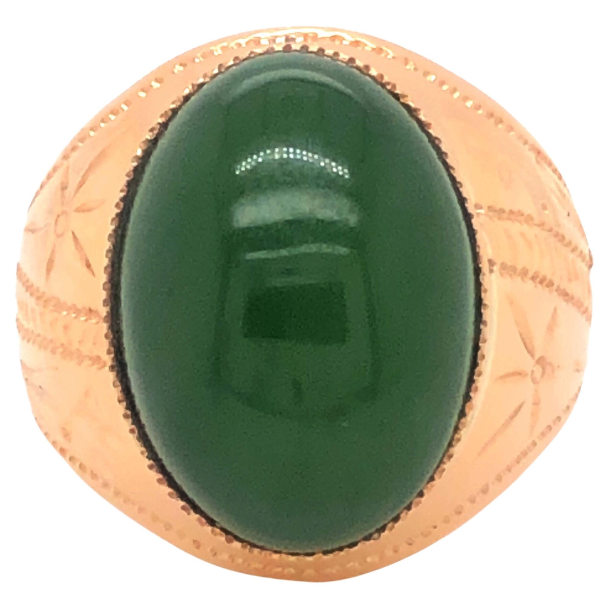 Vintage Men's Oval Dark Green Jade Ring, Engraved Design in 18k Rose Gold