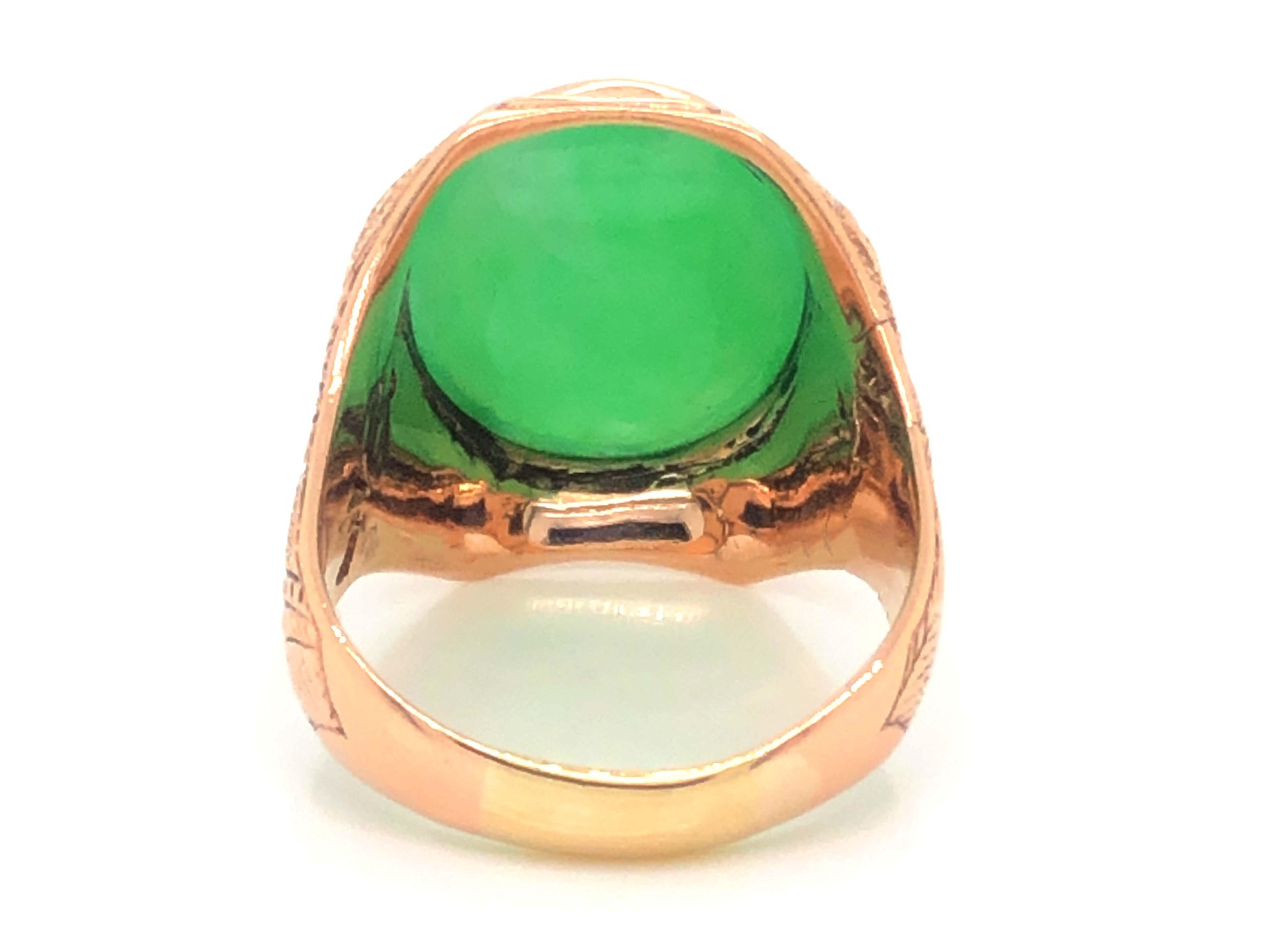 Oval Cut Vintage Men's Oval Green Jade Ring with Dragon Design in 14k Rose Gold For Sale