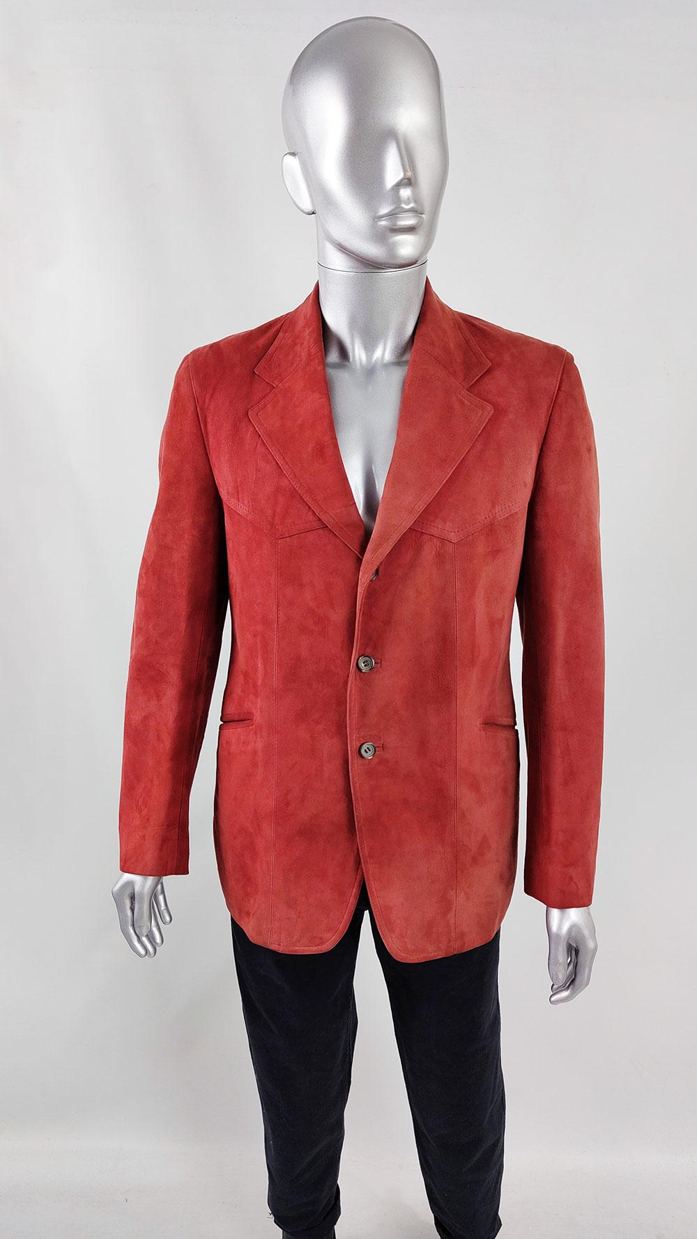 Men's Vintage Mens Red Lambskin Suede Blazer 70s Sport Coat Jacket, 1970s For Sale