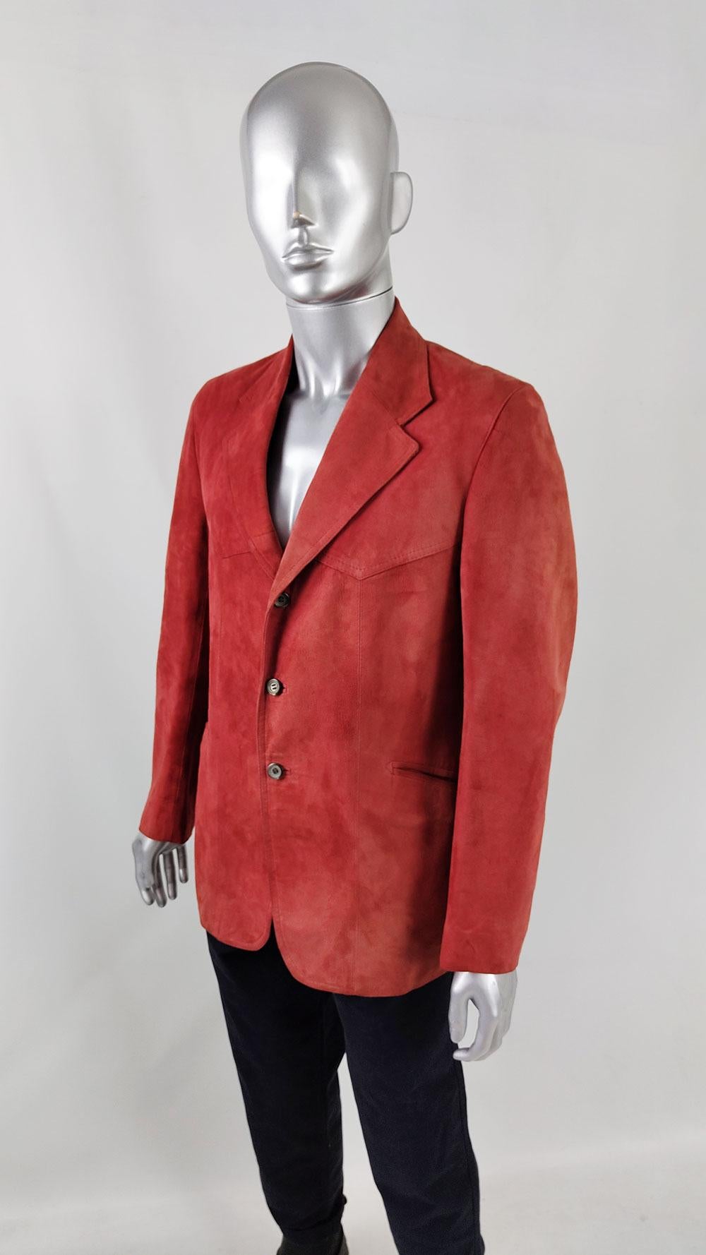 Vintage Mens Red Lambskin Suede Blazer 70s Sport Coat Jacket, 1970s For Sale 1