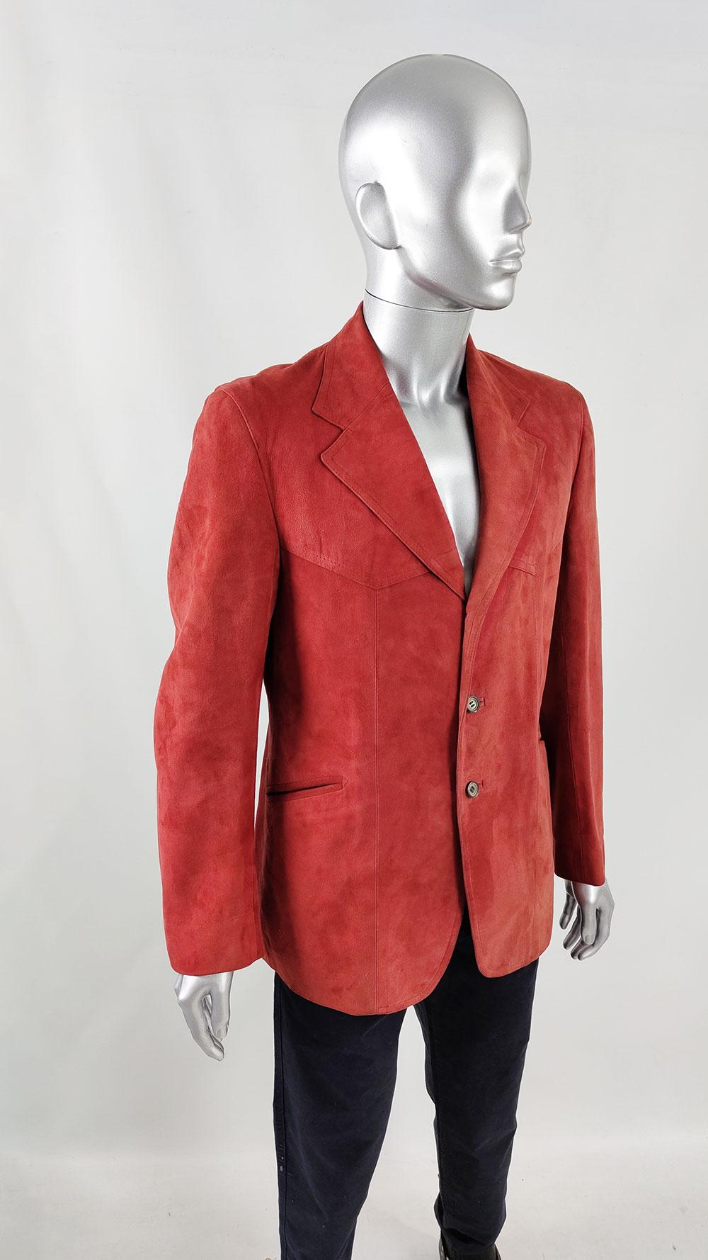 Vintage Mens Red Lambskin Suede Blazer 70s Sport Coat Jacket, 1970s For Sale 2
