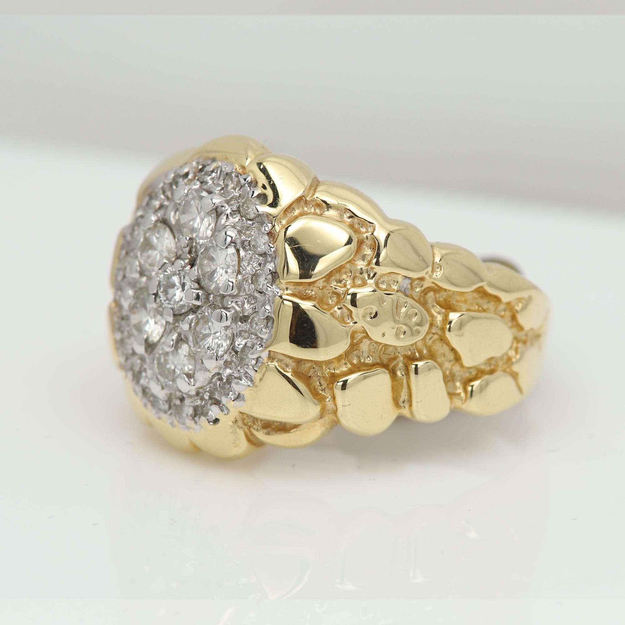 Vintage pre-owned in great condition
needs some cleaning
Mens Diamond Ring
14k Yellow and White Gold approx  12.7 grams
Finger size: 10.5 (resizing possible)
cluster area size approx 15 x 15mm
total natural Diamonds approx 0.70 ct I-SI3-I1
Beautiful