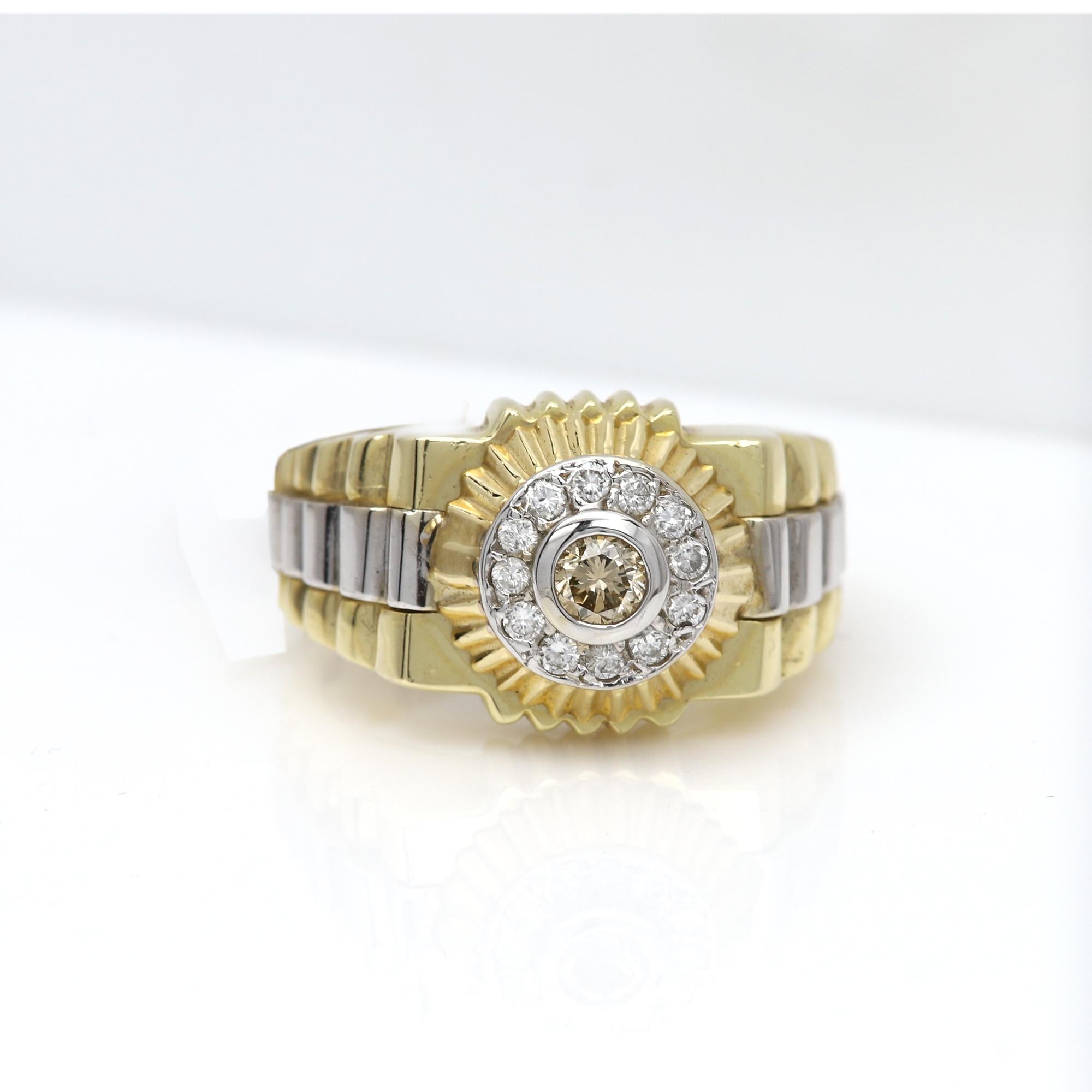Vintage pre-owned in great condition
needs some cleaning 
Mens Diamond Ring
14k Yellow and White Gold approx  13.0 grams
Finger size: 9 (resizing possible)
cluster area design size approx 14mm
all natural Diamonds
Center stone 4mm approx 0.25 ct