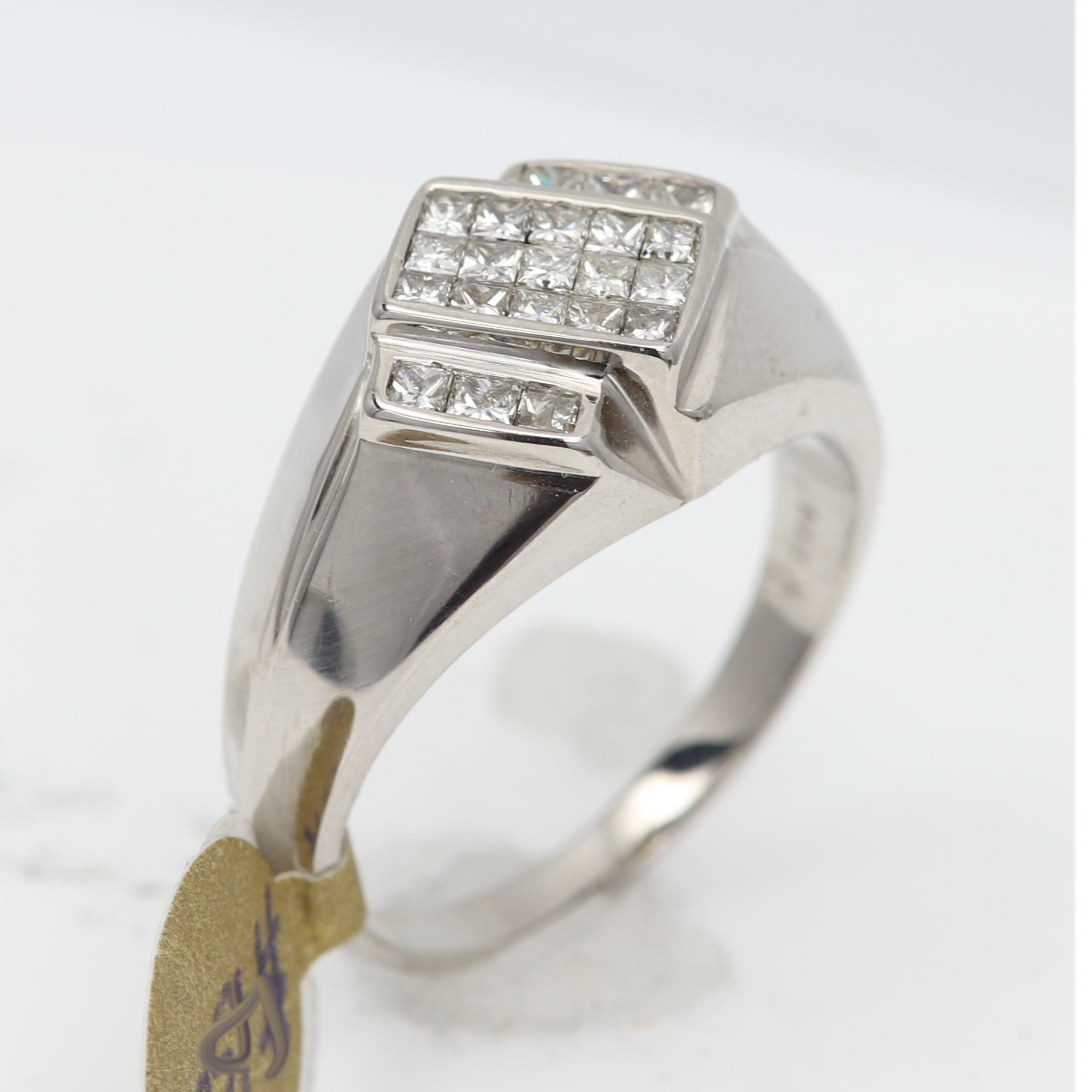Vintage pre-owned in great condition
needs some cleaning
Mens Diamond Ring
14k White Gold approx  7.20 grams
Finger size: 9.5 (resizing possible)
cluster area size approx 12 x 10mm
total natural Diamonds 0.55 ct J-I-SI
square/princess cut diamonds 