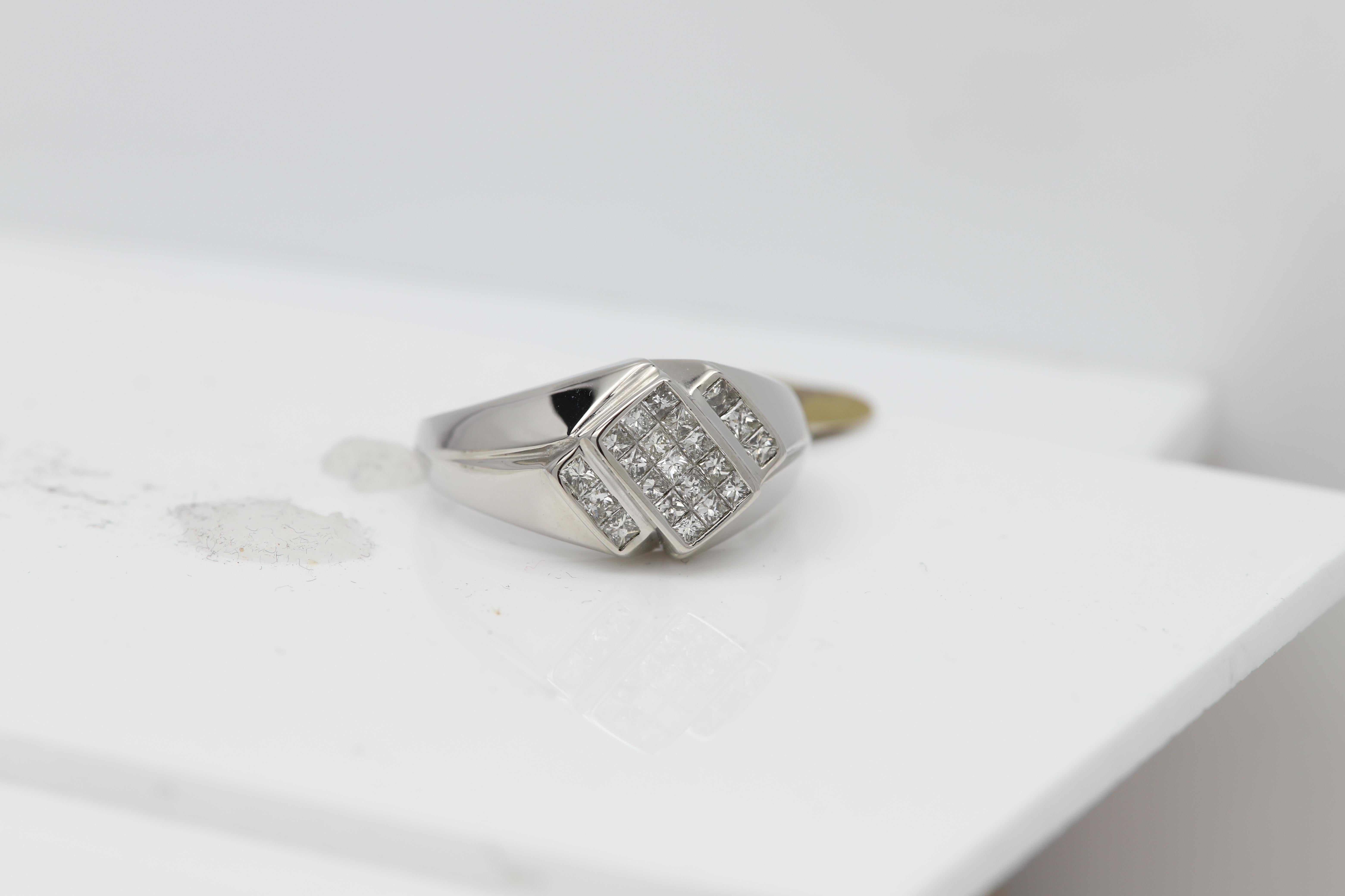 Vintage Men's Ring Diamond Men Ring Princess Cluster Diamonds 14 Karat Gold For Sale 1