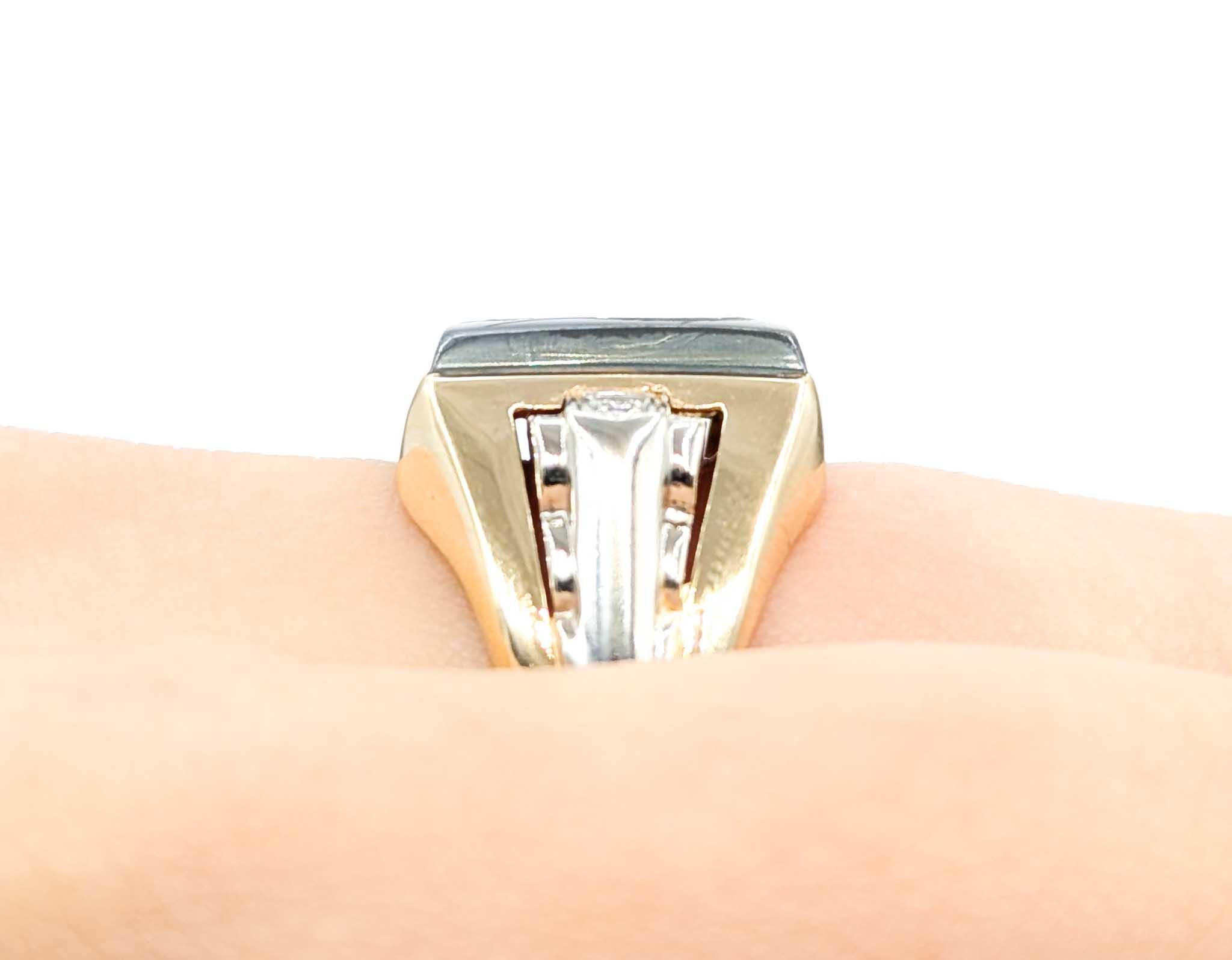 Single Cut Vintage Men’s Roman Soldier Hematite Intaglio & Diamond Ring in 10k Yellow Gold For Sale