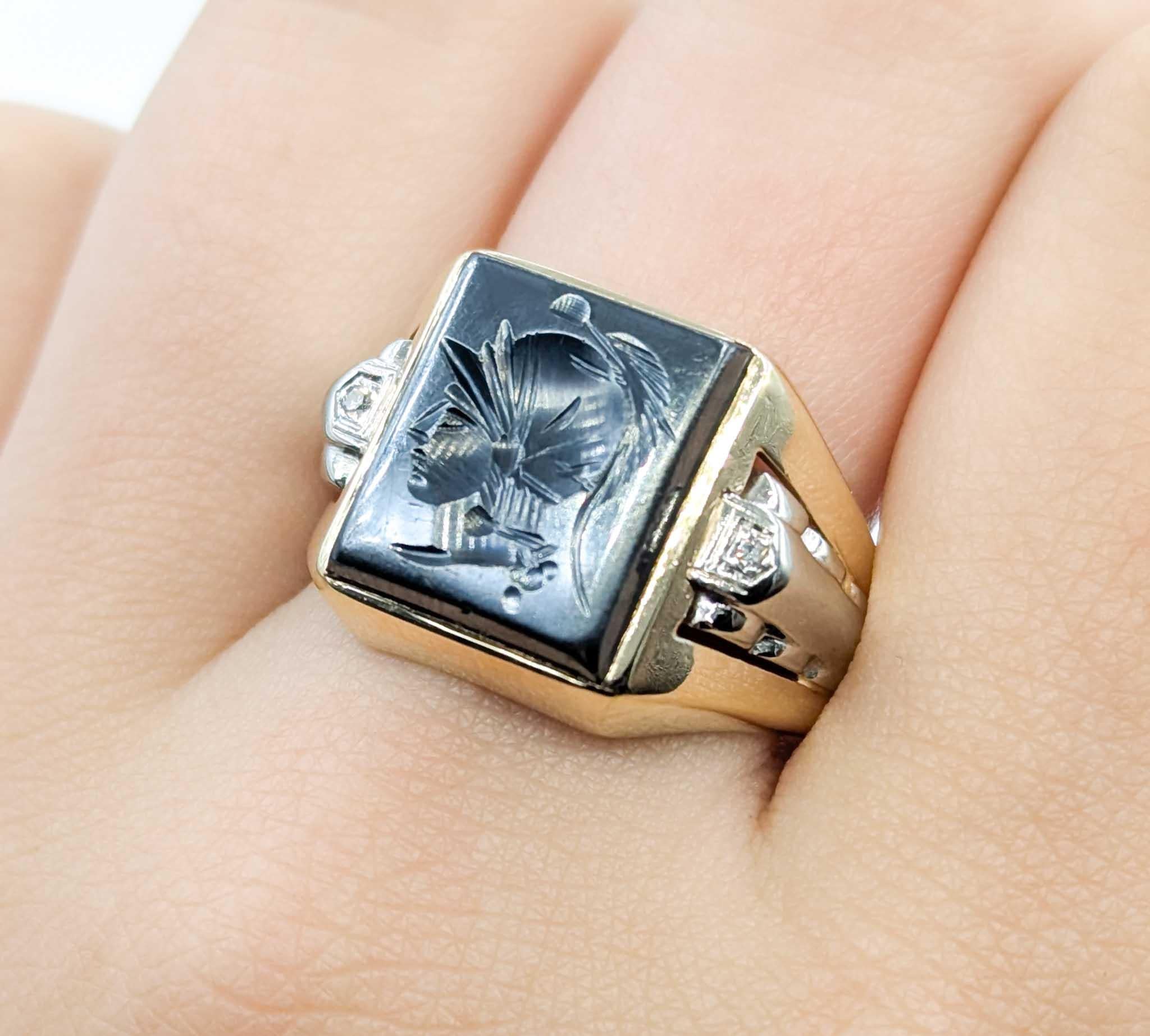 Vintage Men’s Roman Soldier Hematite Intaglio & Diamond Ring in 10k Yellow Gold In Excellent Condition For Sale In Bloomington, MN