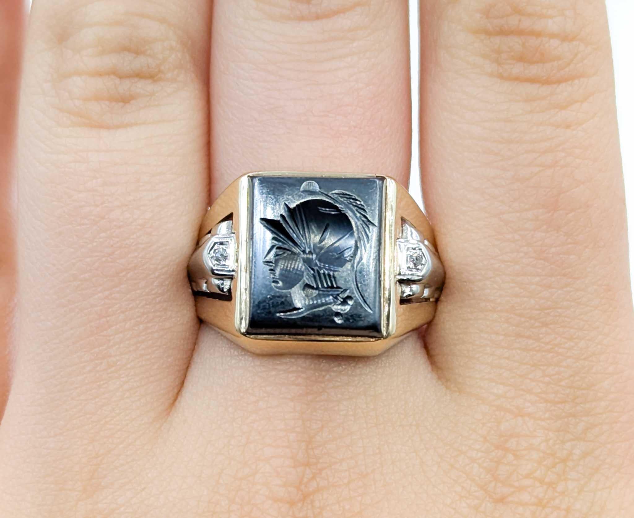 Men's Vintage Men’s Roman Soldier Hematite Intaglio & Diamond Ring in 10k Yellow Gold For Sale