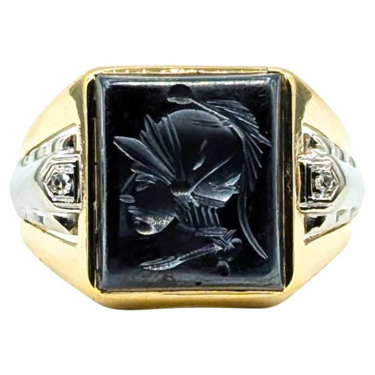 Vintage Men’s Roman Soldier Hematite Intaglio & Diamond Ring in 10k Yellow Gold For Sale
