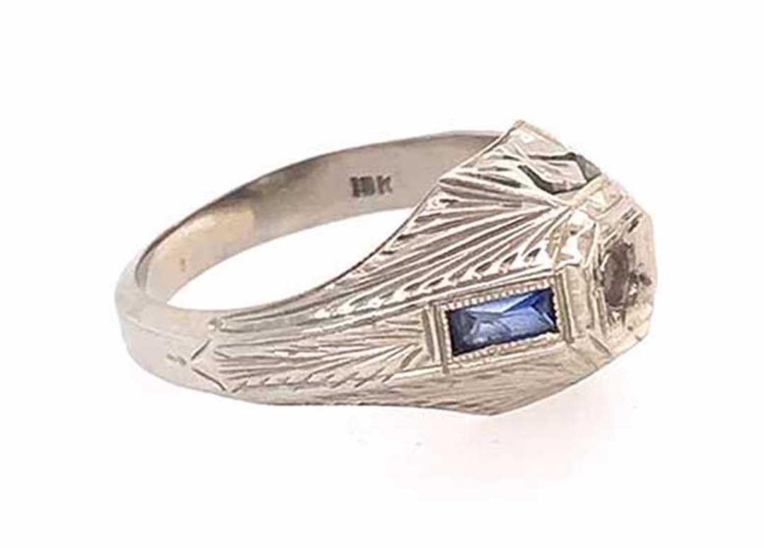 Taille française Vintage Mens Sapphire Semi Mount Engagement Ring .30ct Antique Deco 18K en vente