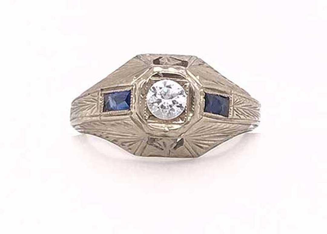 Vintage Mens Sapphire Semi Mount Engagement Ring .30ct Antique Deco 18K en vente