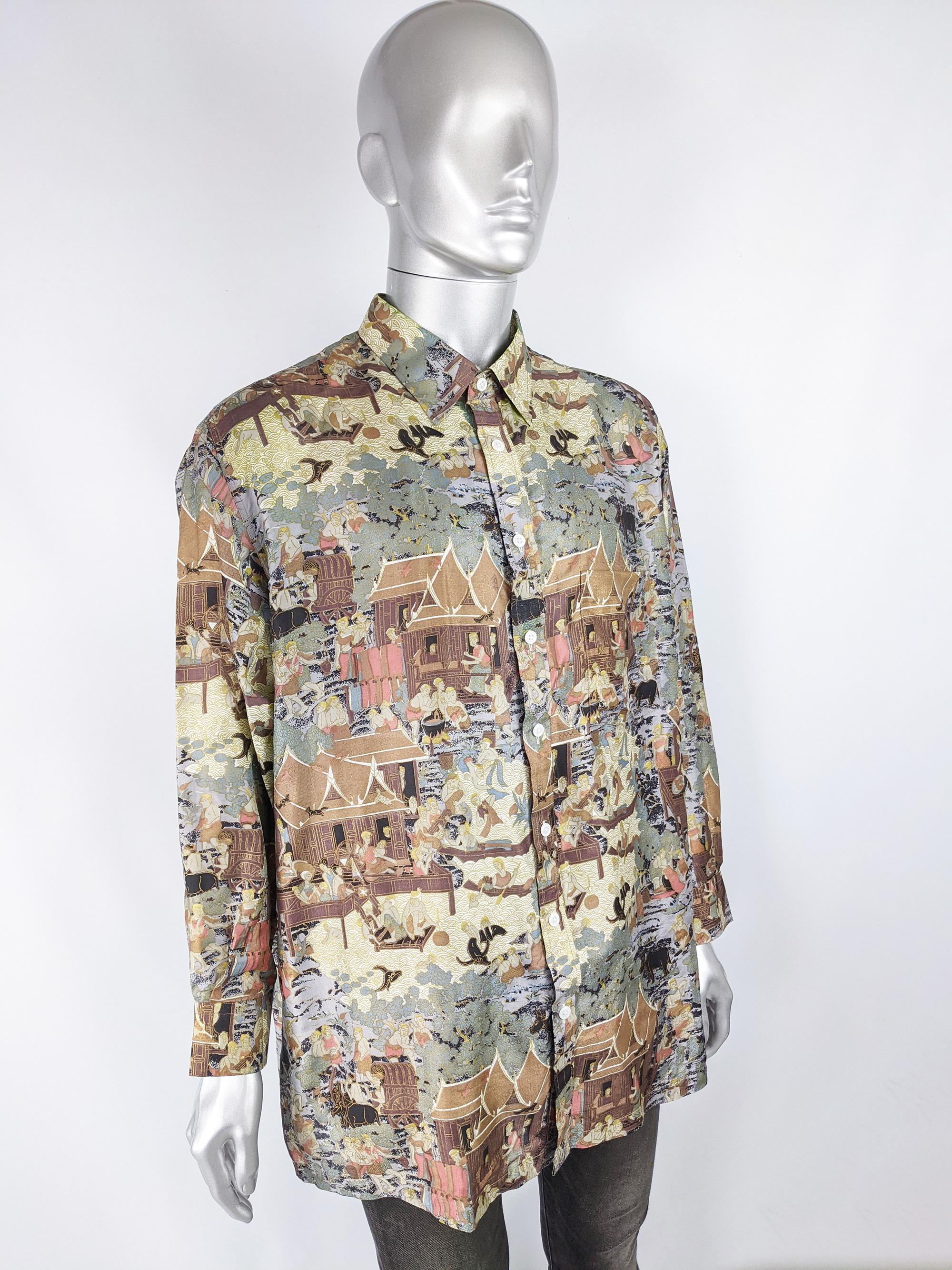 Gray Vintage Mens Thai Silk All Over Buddhist Print Shirt