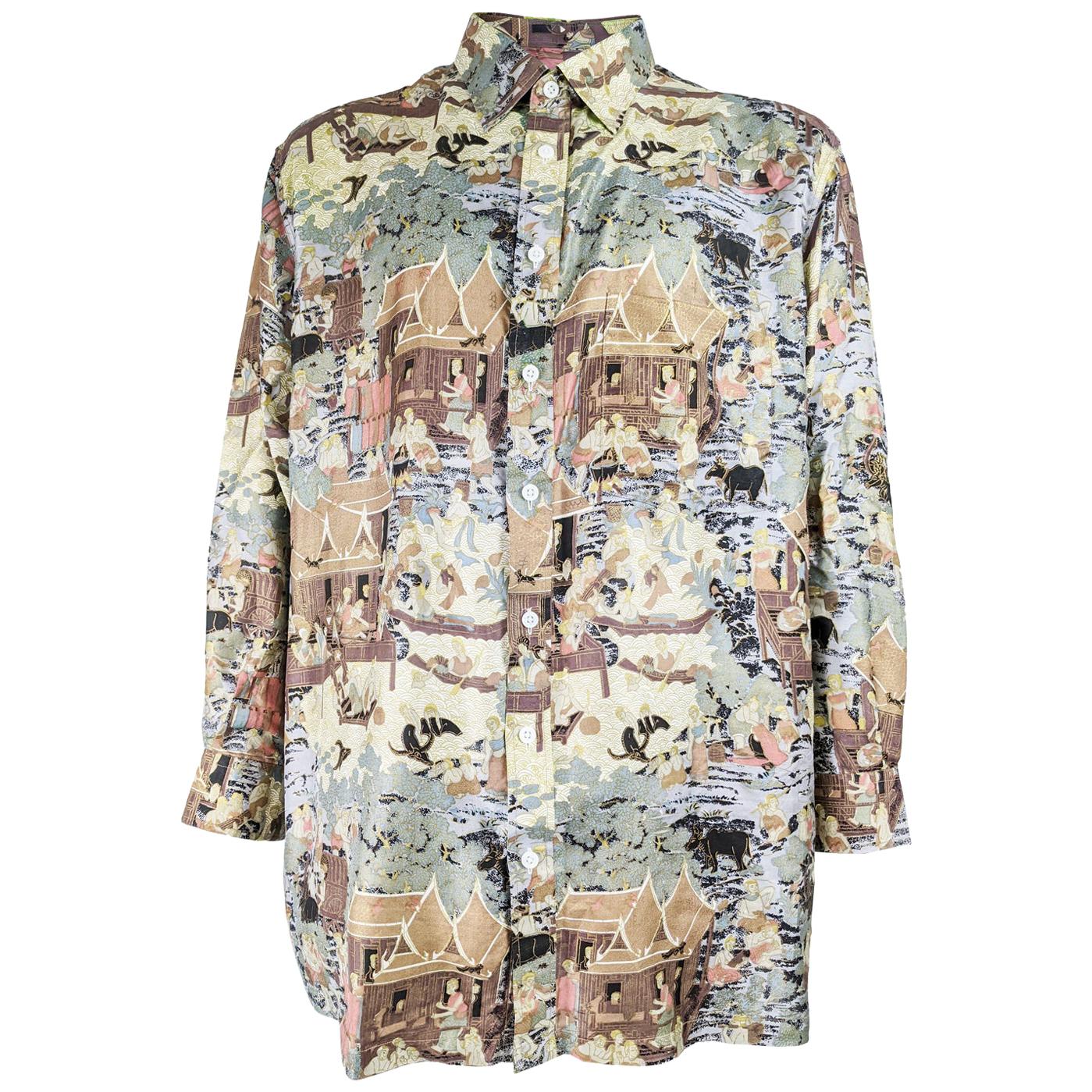 Vintage Mens Thai Silk All Over Buddhist Print Shirt