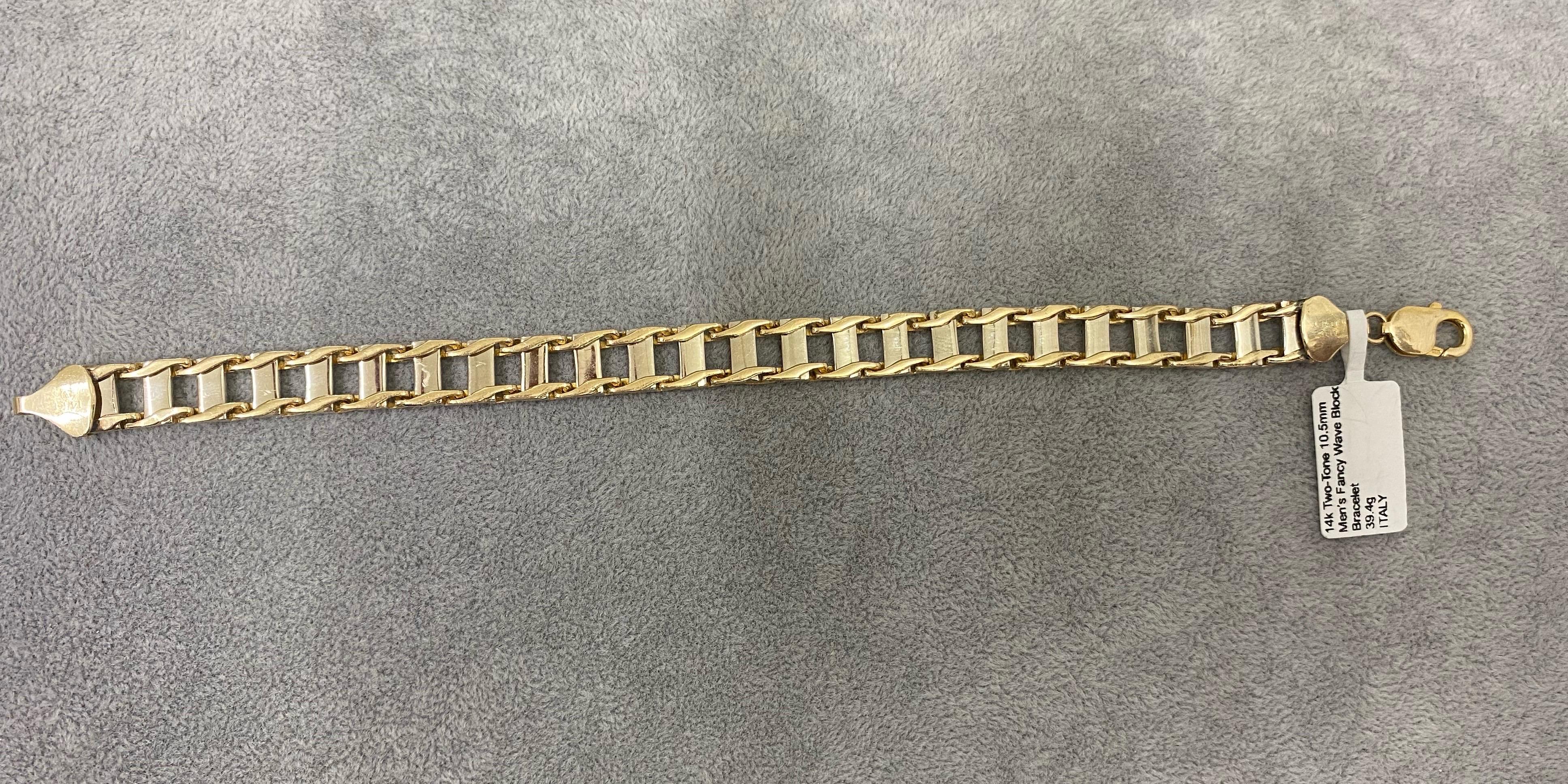 Vintage Men’s Two-Tone 10.5mm Fancy Wave Block pattern Bracelet 14k Gold Italy For Sale 9