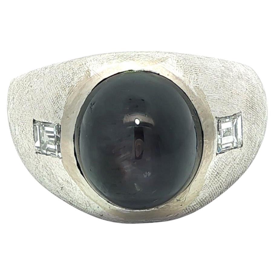 Anello vintage da uomo in oro bianco con diamante e zaffiro a stella da 11,70 carati con finitura Florentine