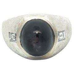 Anello vintage da uomo in oro bianco con diamante e zaffiro a stella da 11,70 carati con finitura Florentine