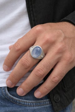 Vintage Men's White Gold Star Sapphire Baguette Diamond Low Profile Ring