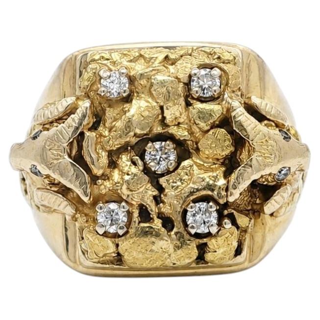 Vintage Men's Yellow Gold 0.20ctw Diamond Nugget Dual Ram's Head Ring