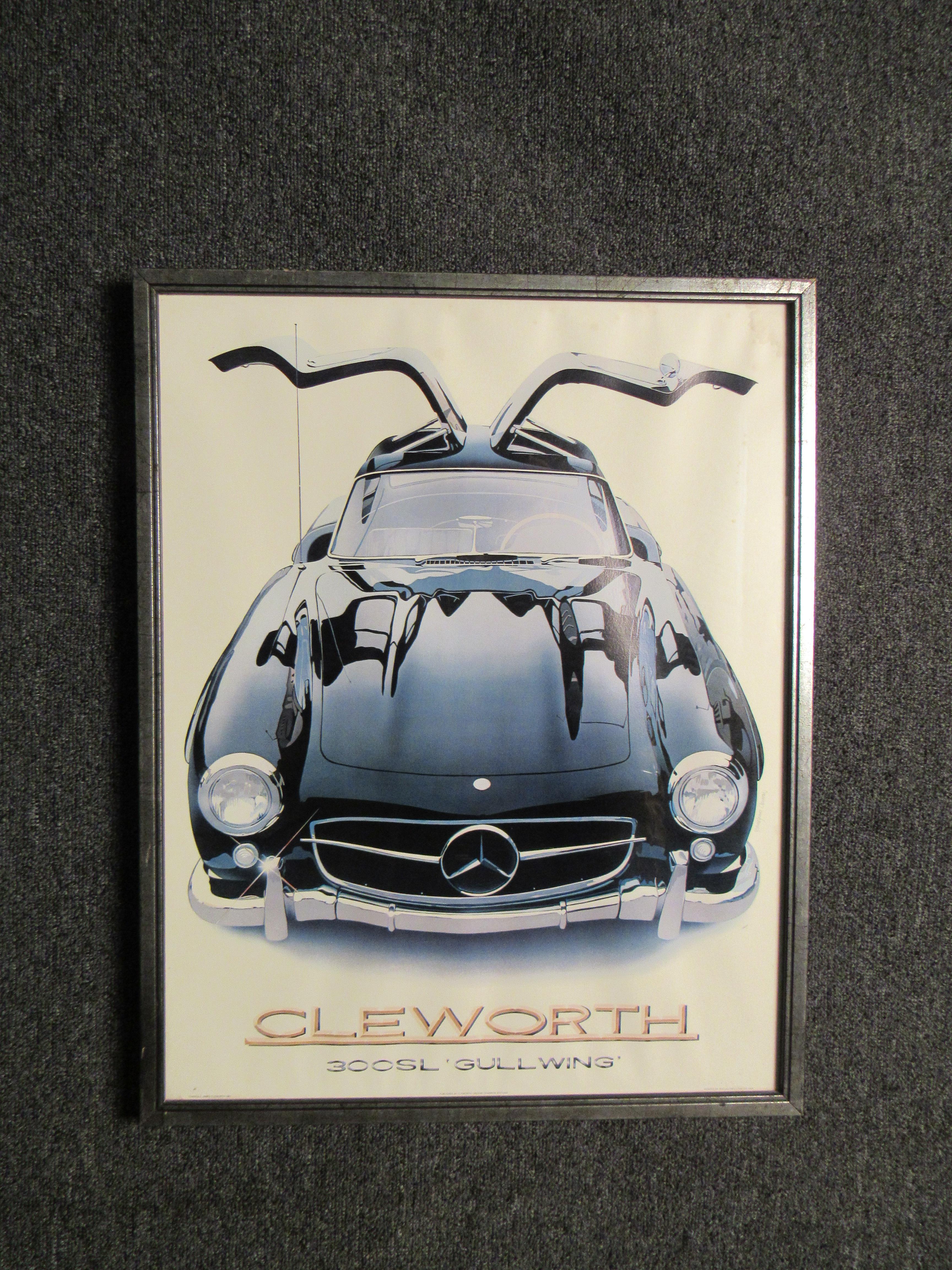Leave boring home decor in the dust and move your art collection into the fast lane with this iconic framed lithograph from 1980's graphic design powerhouse, Harold James Chelworth. This exquisite portrait of a Mercedes Benz 300SL Gullwing coupe is