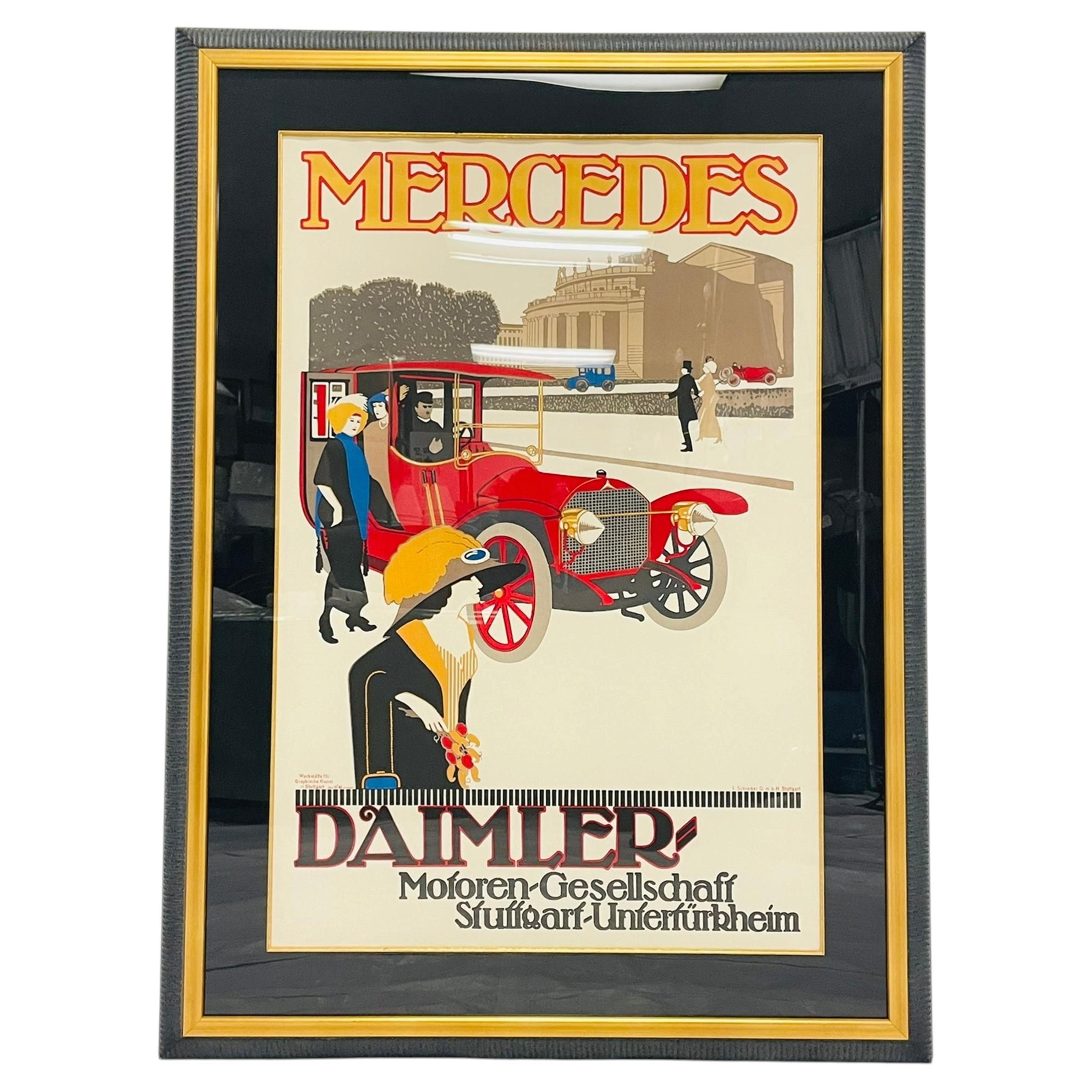 Vintage Mercedes Benz Stuttgart Lithograph Poster Framed Art Deco For Sale