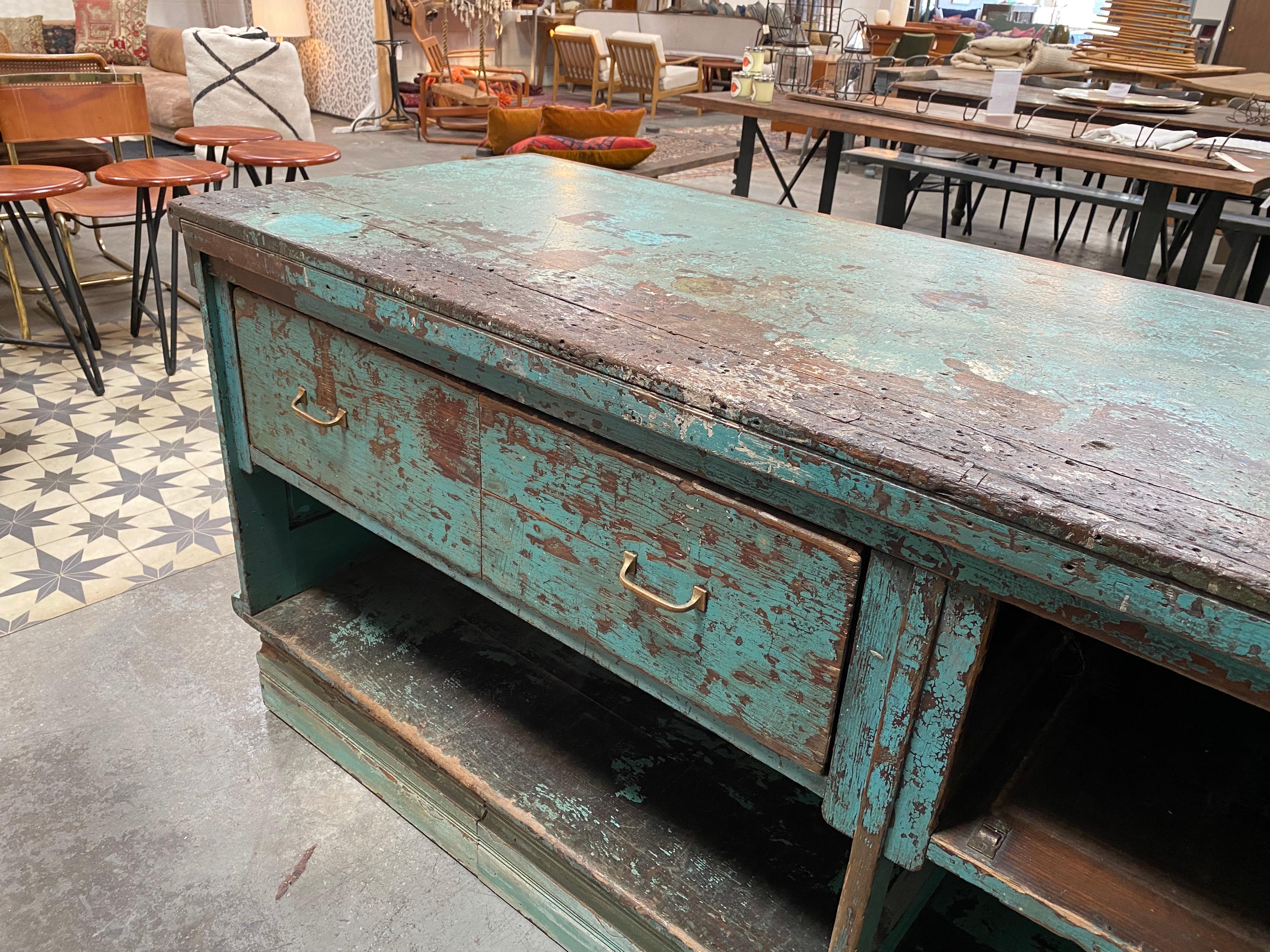 Mid-20th Century Vintage Merchant's Counter with Drawers and Hammered Tin Details