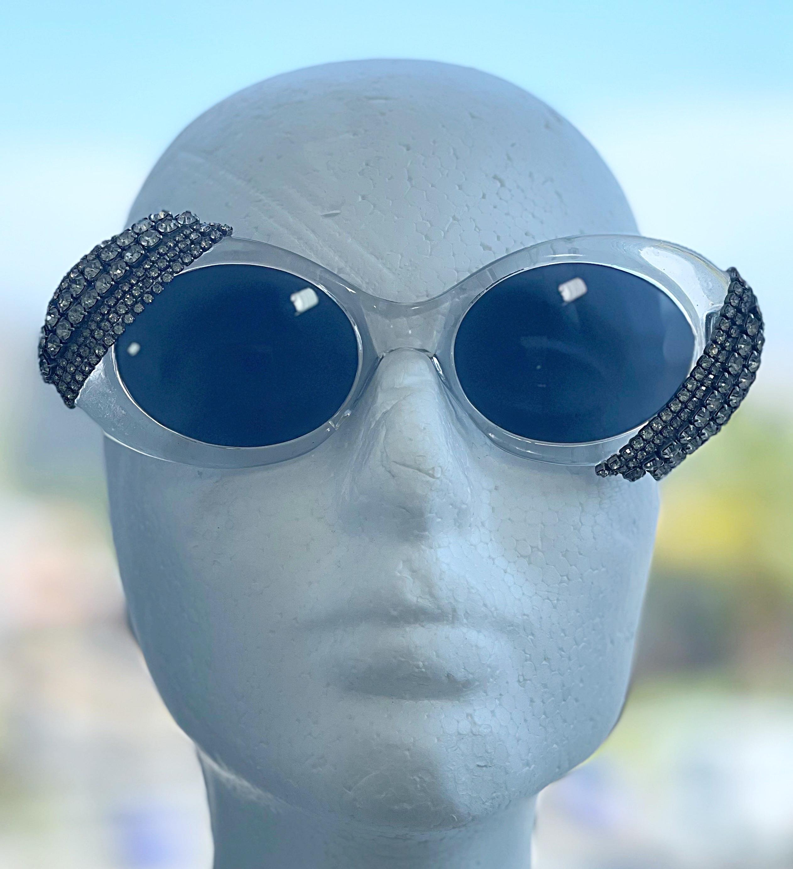 Vintage Mercura NYC Rihanna Clear + Rhinestone Jackie O 60s Style Sunglasses For Sale 3