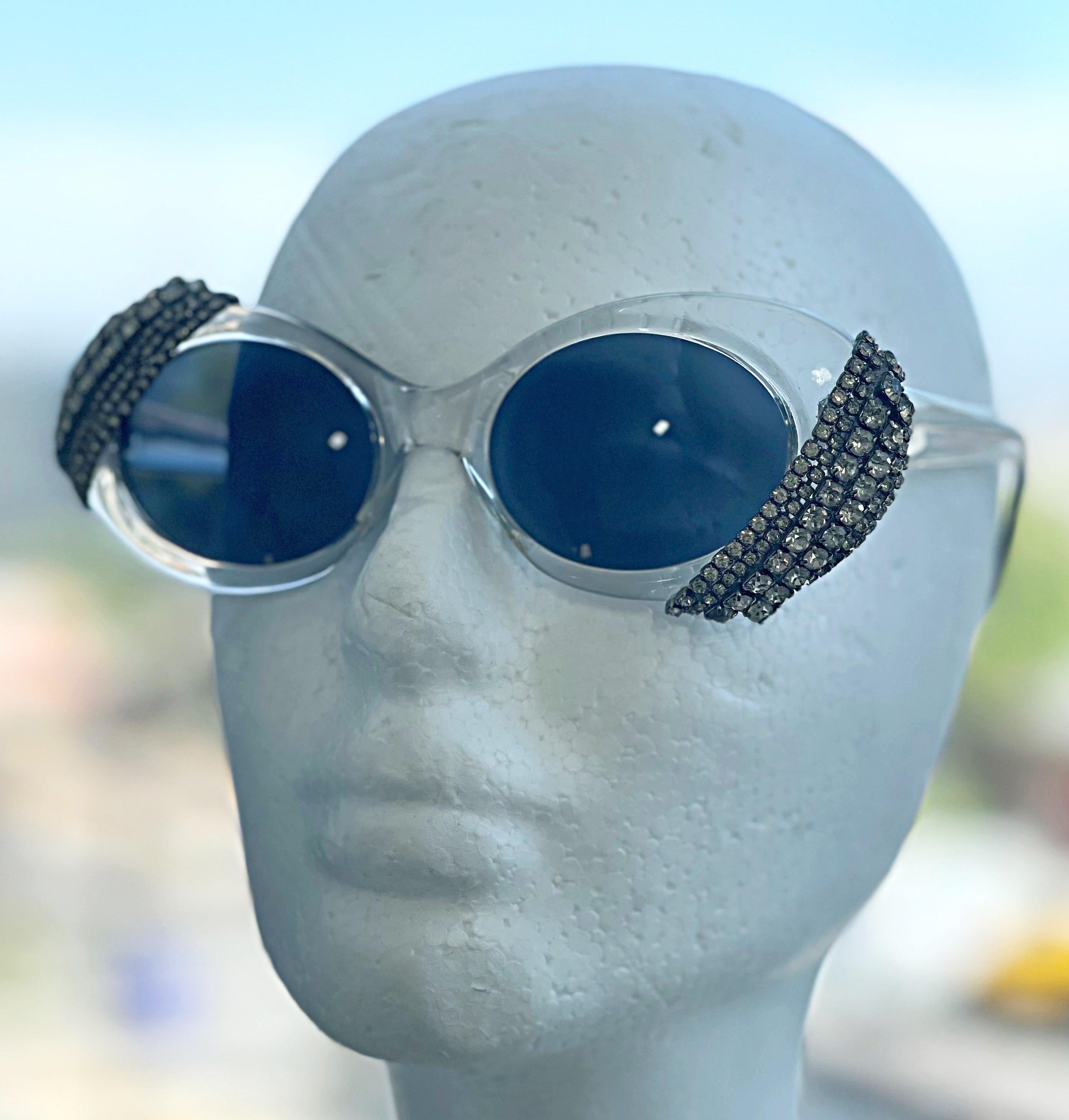 Gray Vintage Mercura NYC Rihanna Clear + Rhinestone Jackie O 60s Style Sunglasses For Sale