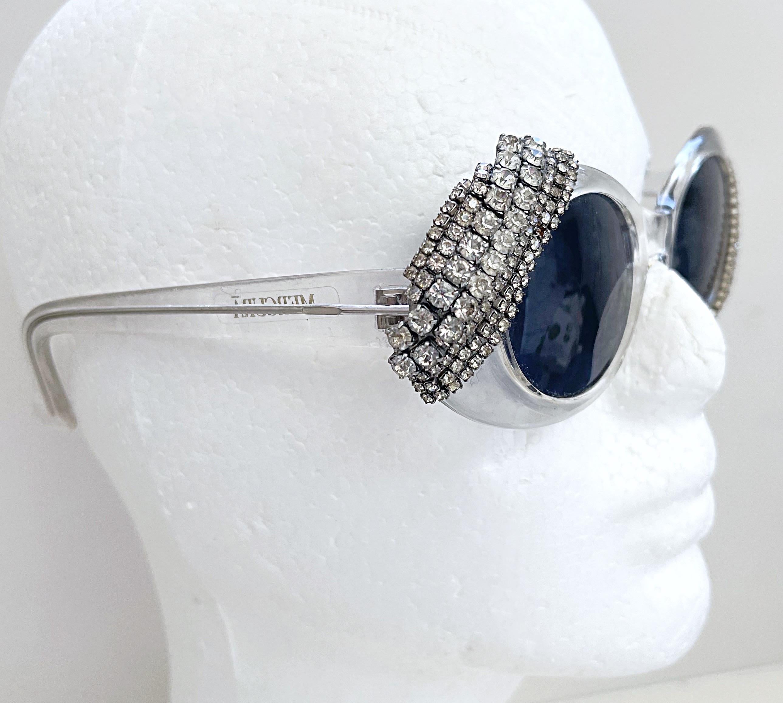 Vintage Mercura NYC Rihanna Clear + Rhinestone Jackie O 60s Style Sunglasses For Sale 1
