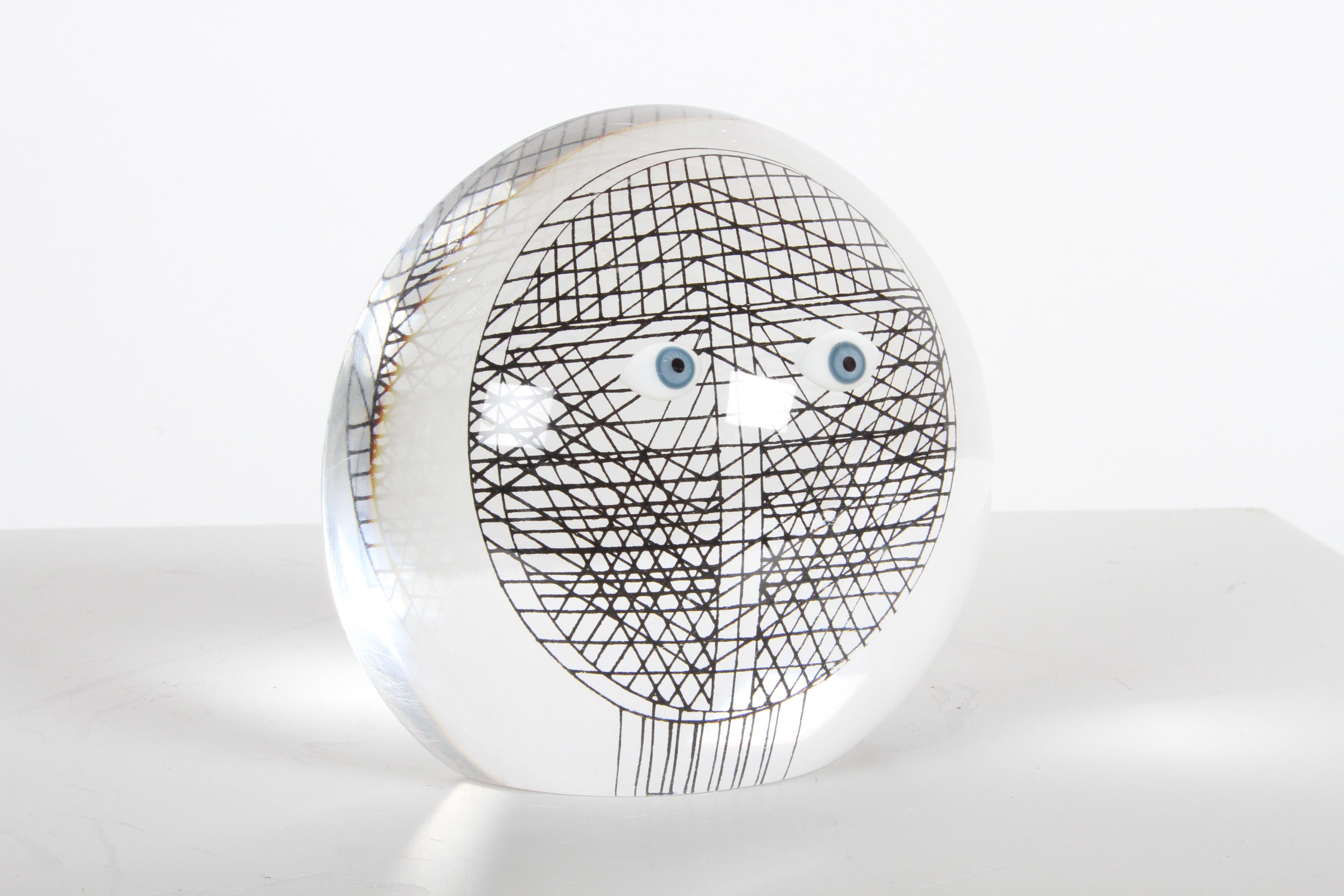 American Vintage Merle Edelman Op Art Face / Head with Eyes Inside Lucite / Acrylic 1970s For Sale
