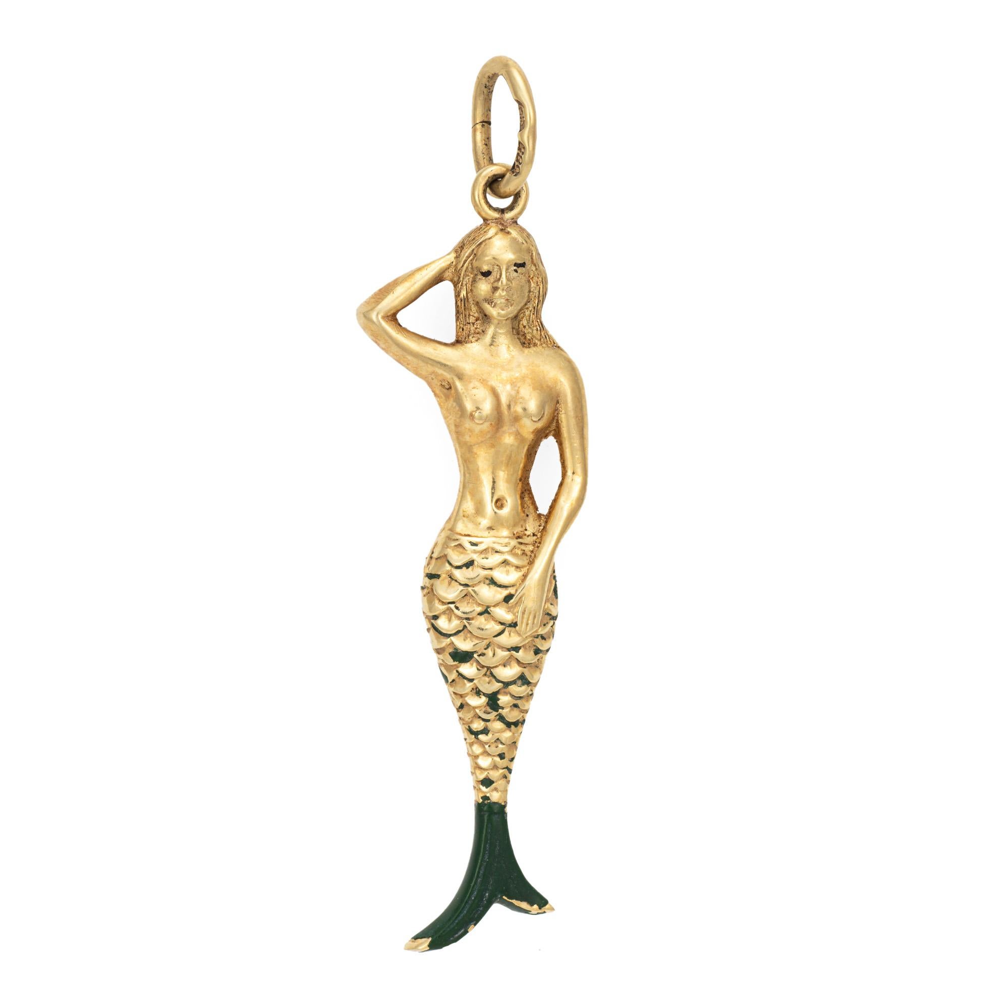 Modern Vintage Mermaid Charm 14k Yellow Gold Estate Fine Ocean Jewelry Green Enamel