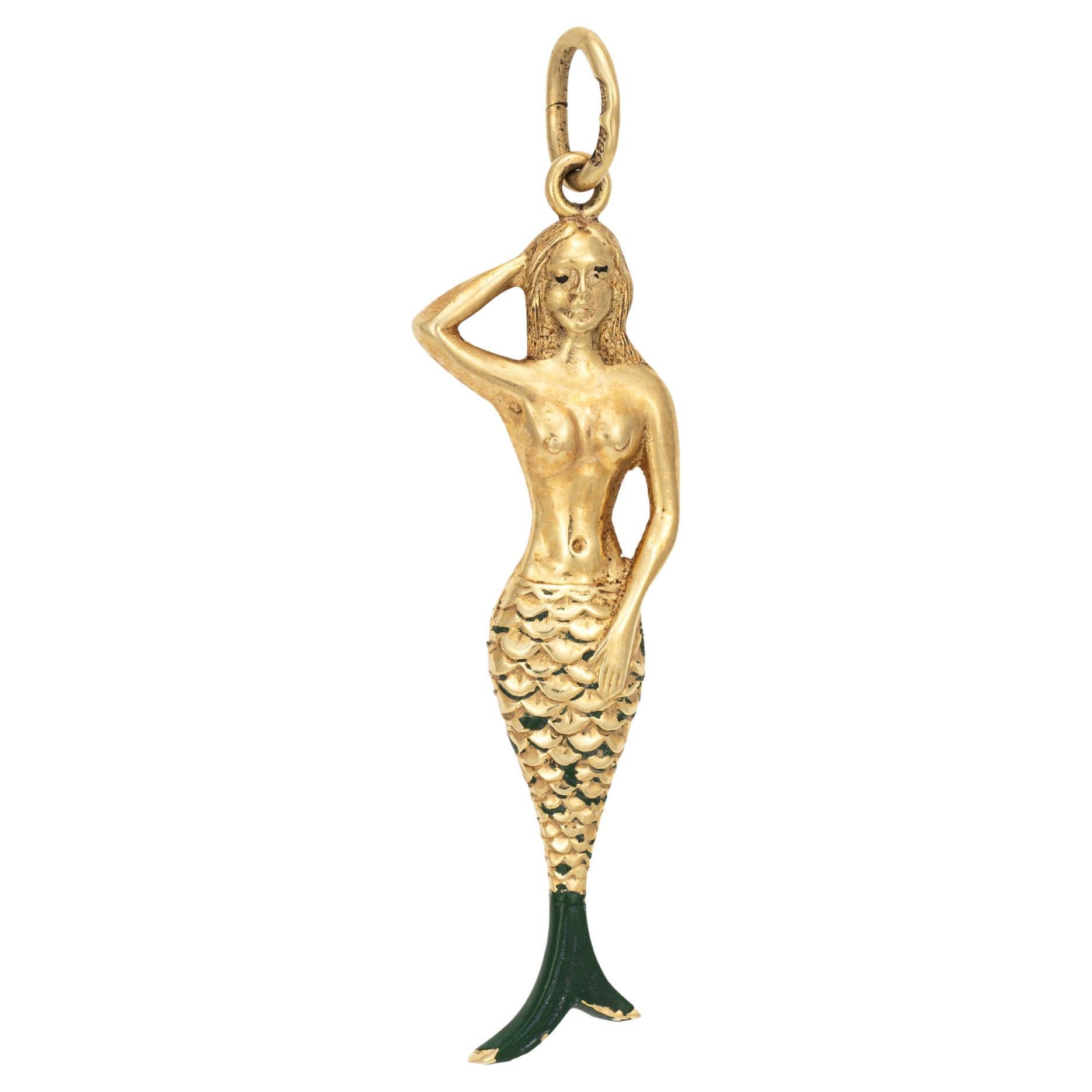 Vintage Mermaid Charm 14k Yellow Gold Estate Fine Ocean Jewelry Green Enamel