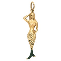 Retro Mermaid Charm 14k Yellow Gold Estate Fine Ocean Jewelry Green Enamel
