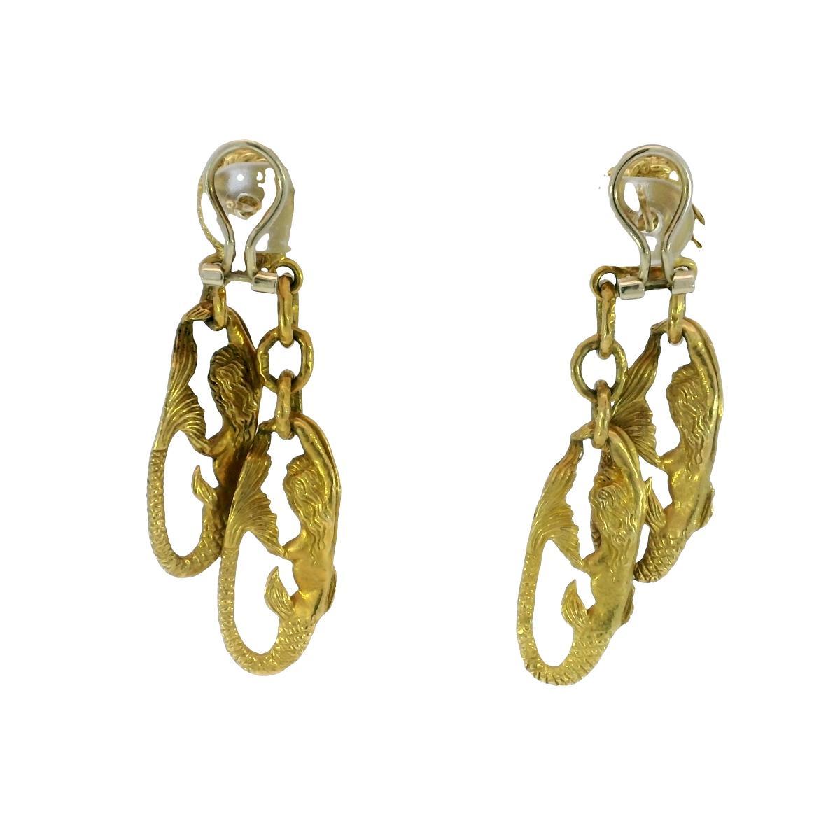 Vintage Meerjungfrau baumeln Ohrringe 18K Gelbgold Clip Ons im Zustand „Gut“ im Angebot in Fairfield, CT