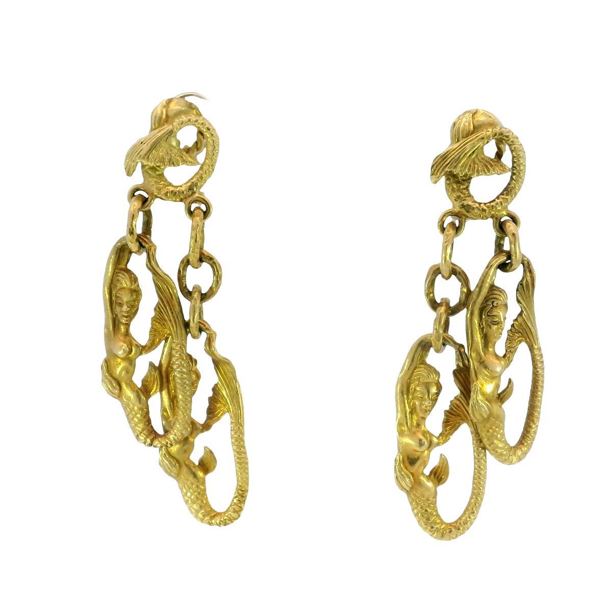 Vintage Meerjungfrau baumeln Ohrringe 18K Gelbgold Clip Ons im Angebot 1