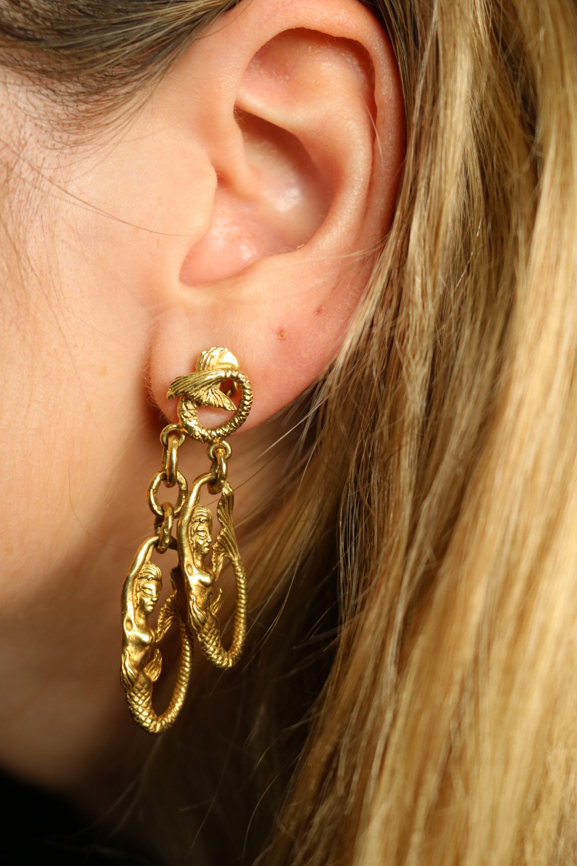 Vintage Meerjungfrau baumeln Ohrringe 18K Gelbgold Clip Ons im Angebot 3