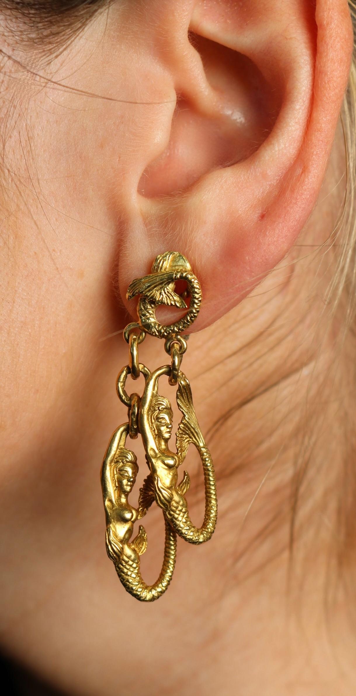 Vintage Meerjungfrau baumeln Ohrringe 18K Gelbgold Clip Ons im Angebot 4