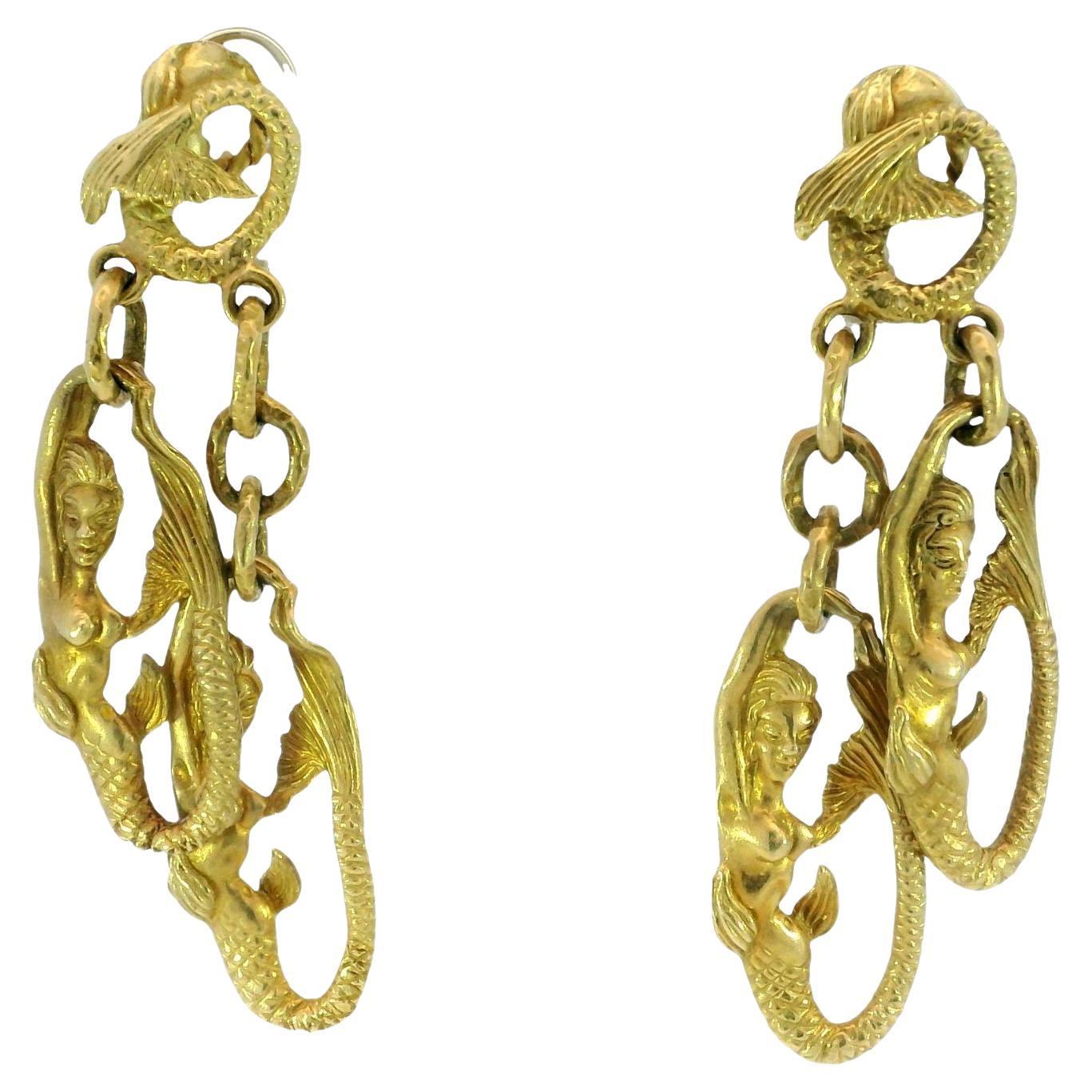 Boucles d'oreilles pendantes en or jaune 18K et sirène vintage