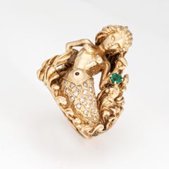 Vintage Mermaid Ring 14k Yellow Gold Sz 9 Diamond Emerald Fine Mythical Jewelry