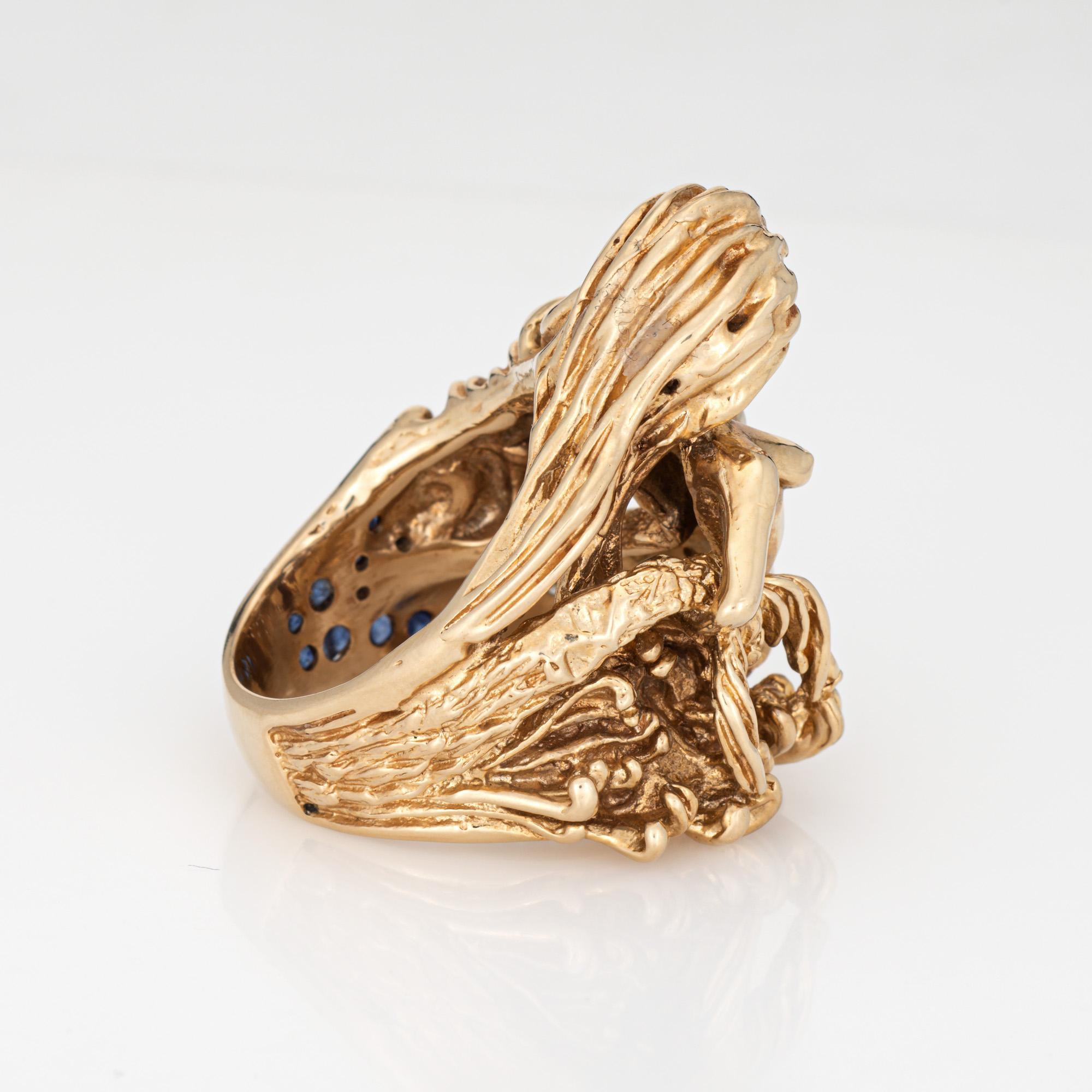 Modern Vintage Mermaid Ring 14k Yellow Gold Sz 9 Diamond Emerald Fine Mythical Jewelry For Sale