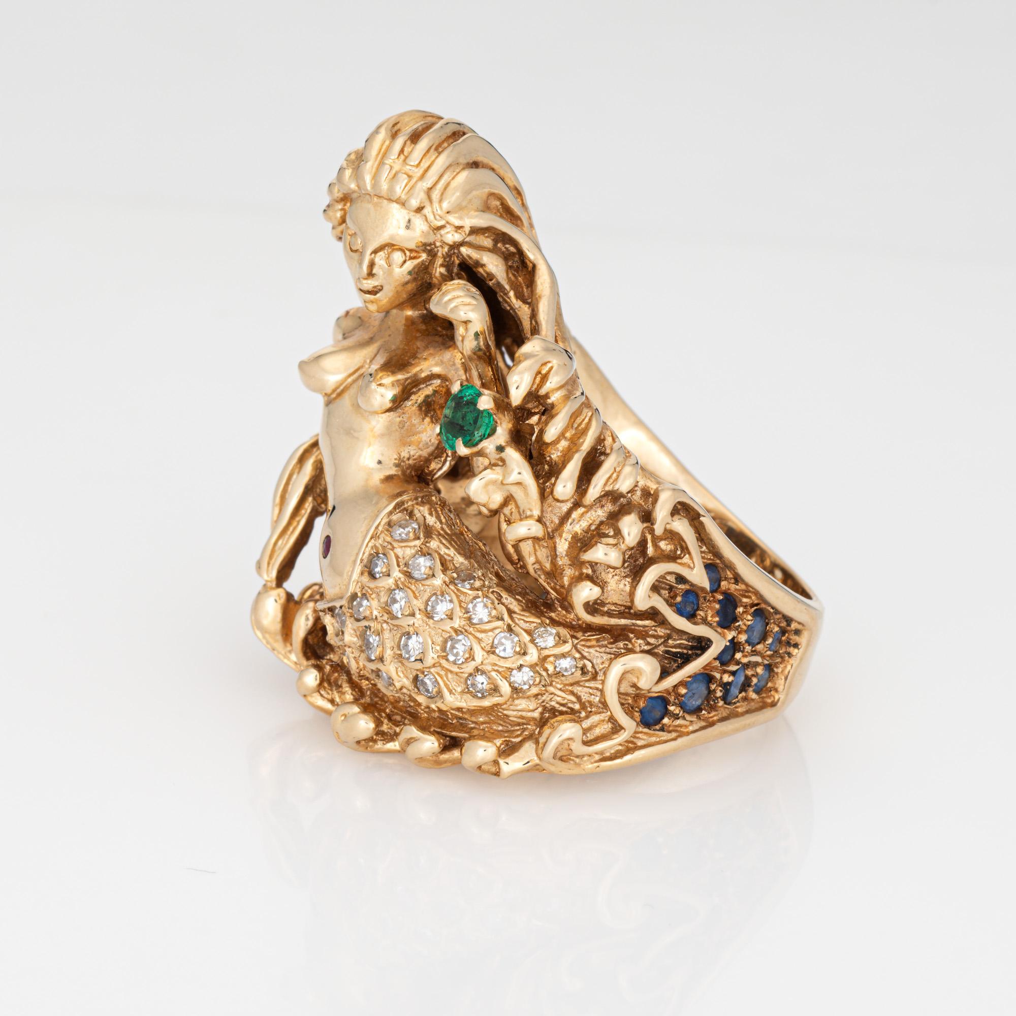 Round Cut Vintage Mermaid Ring 14k Yellow Gold Sz 9 Diamond Emerald Fine Mythical Jewelry For Sale