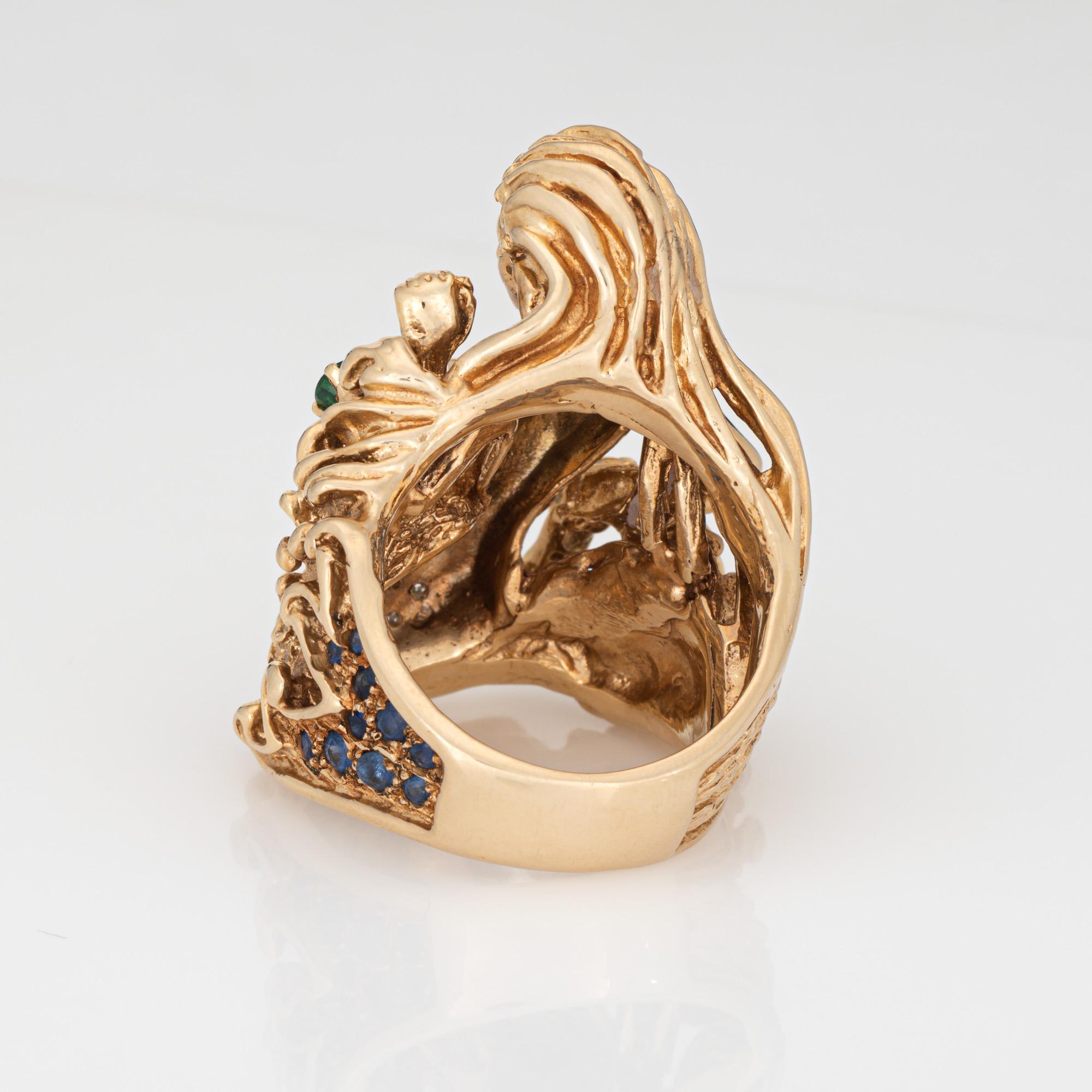 Vintage Mermaid Ring 14k Yellow Gold Sz 9 Diamond Emerald Fine Mythical Jewelry In Good Condition For Sale In Torrance, CA