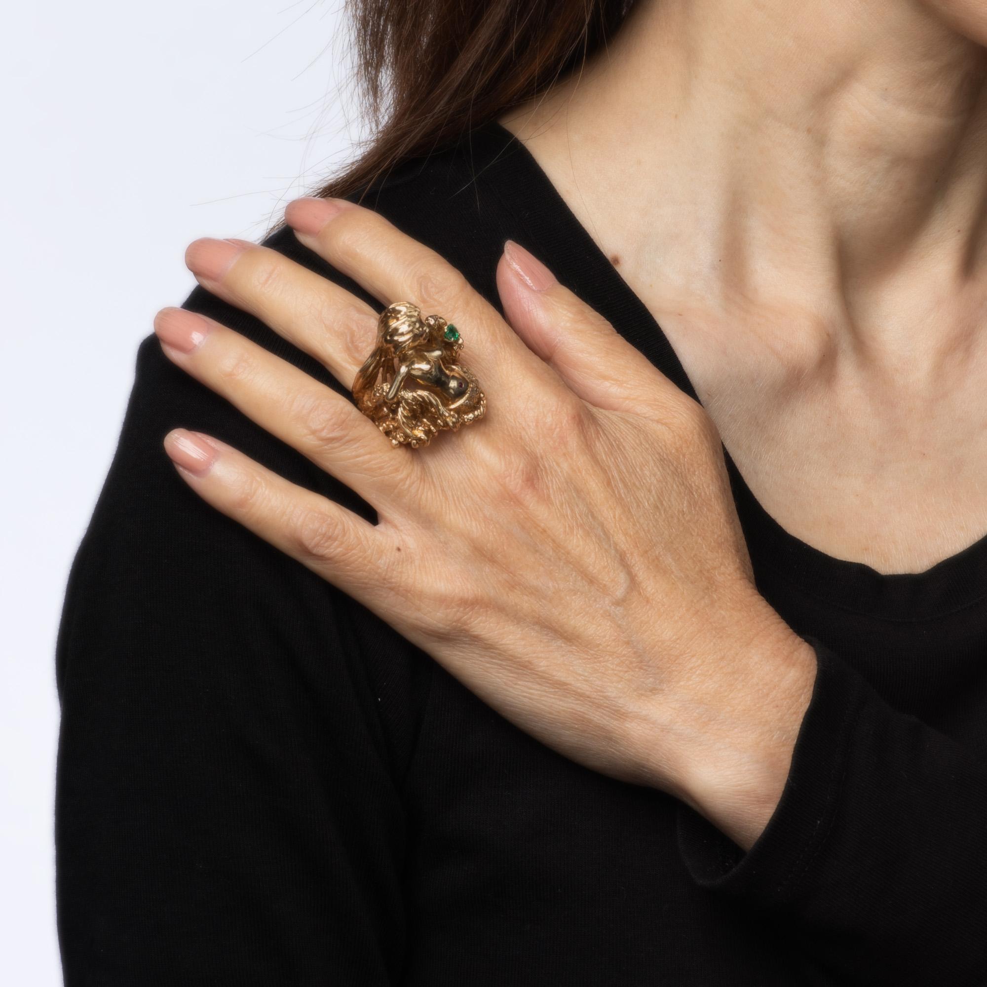Women's Vintage Mermaid Ring 14k Yellow Gold Sz 9 Diamond Emerald Fine Mythical Jewelry For Sale