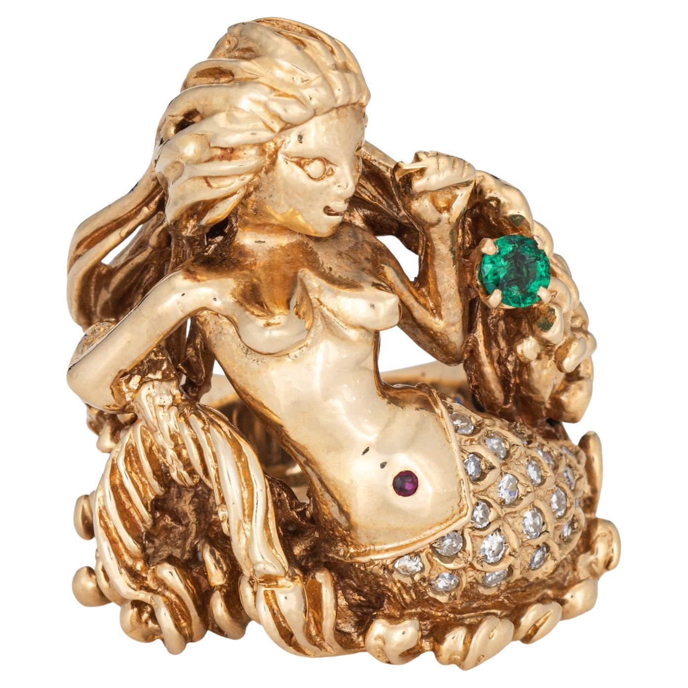 Anello sirena vintage in oro giallo 14k Sz 9 con diamante e smeraldo Gioielli mitici di pregio