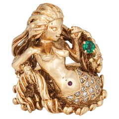 Vintage Mermaid Ring 14k Yellow Gold Sz 9 Diamond Emerald Fine Mythical Jewelry