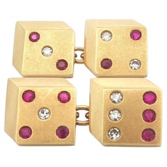 Gemelli d'epoca Merrin in oro giallo 18k con rubino e diamante a forma di dado