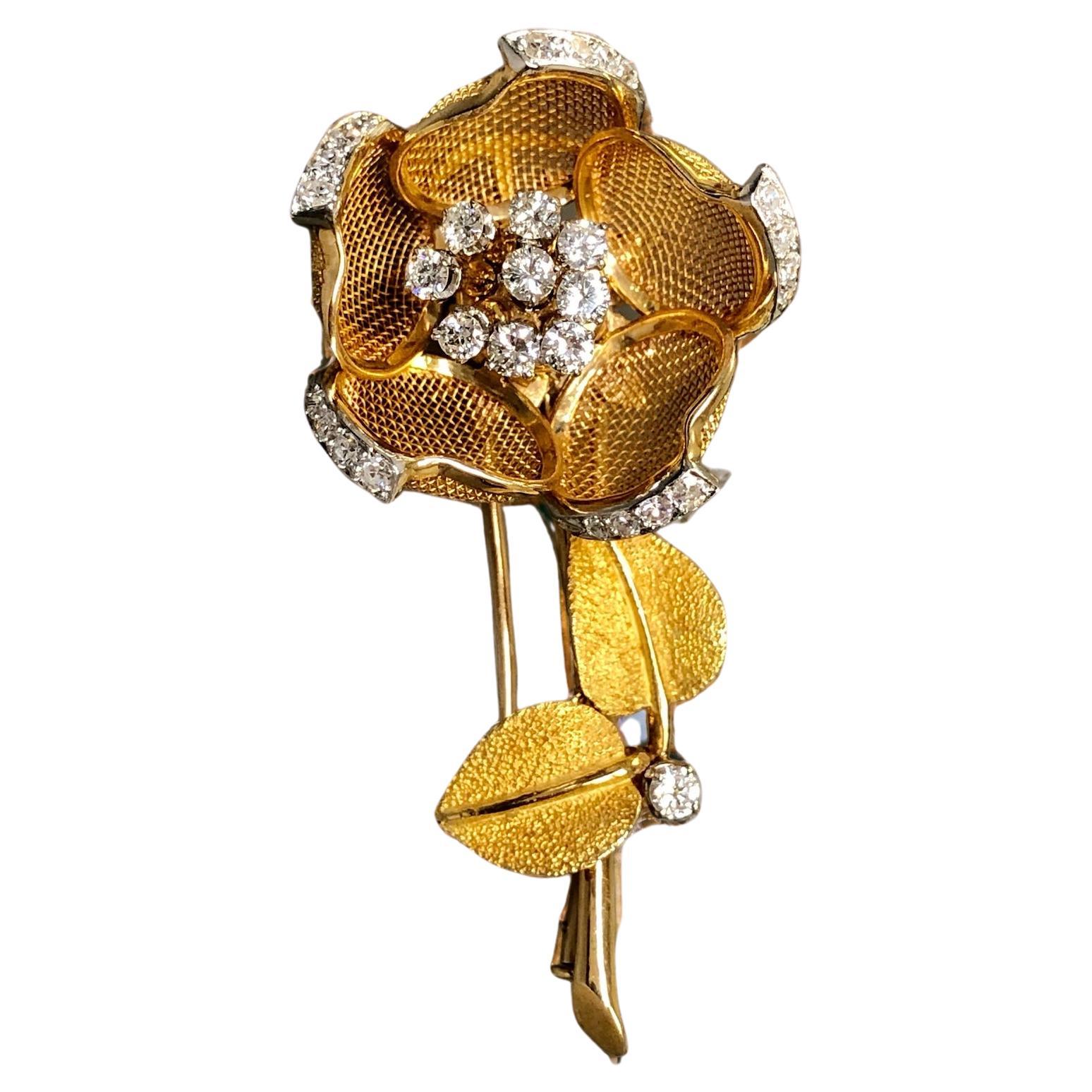 MERRIN France Broche fleur articulée en or 18 carats avec diamants 
