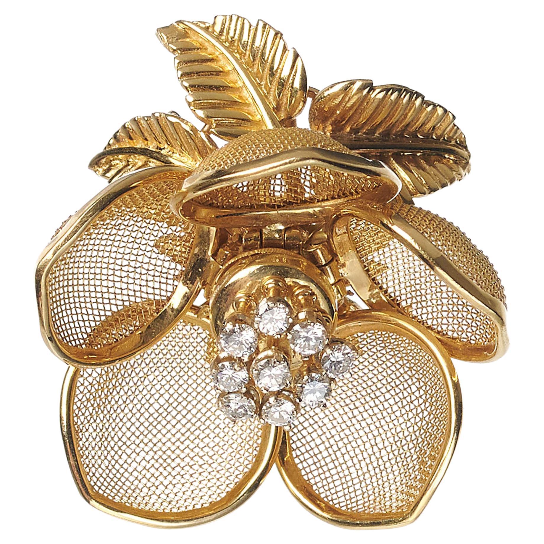 Vintage Merrin French Diamond And Gold Mesh Flower Pendant, Circa 1960 For Sale
