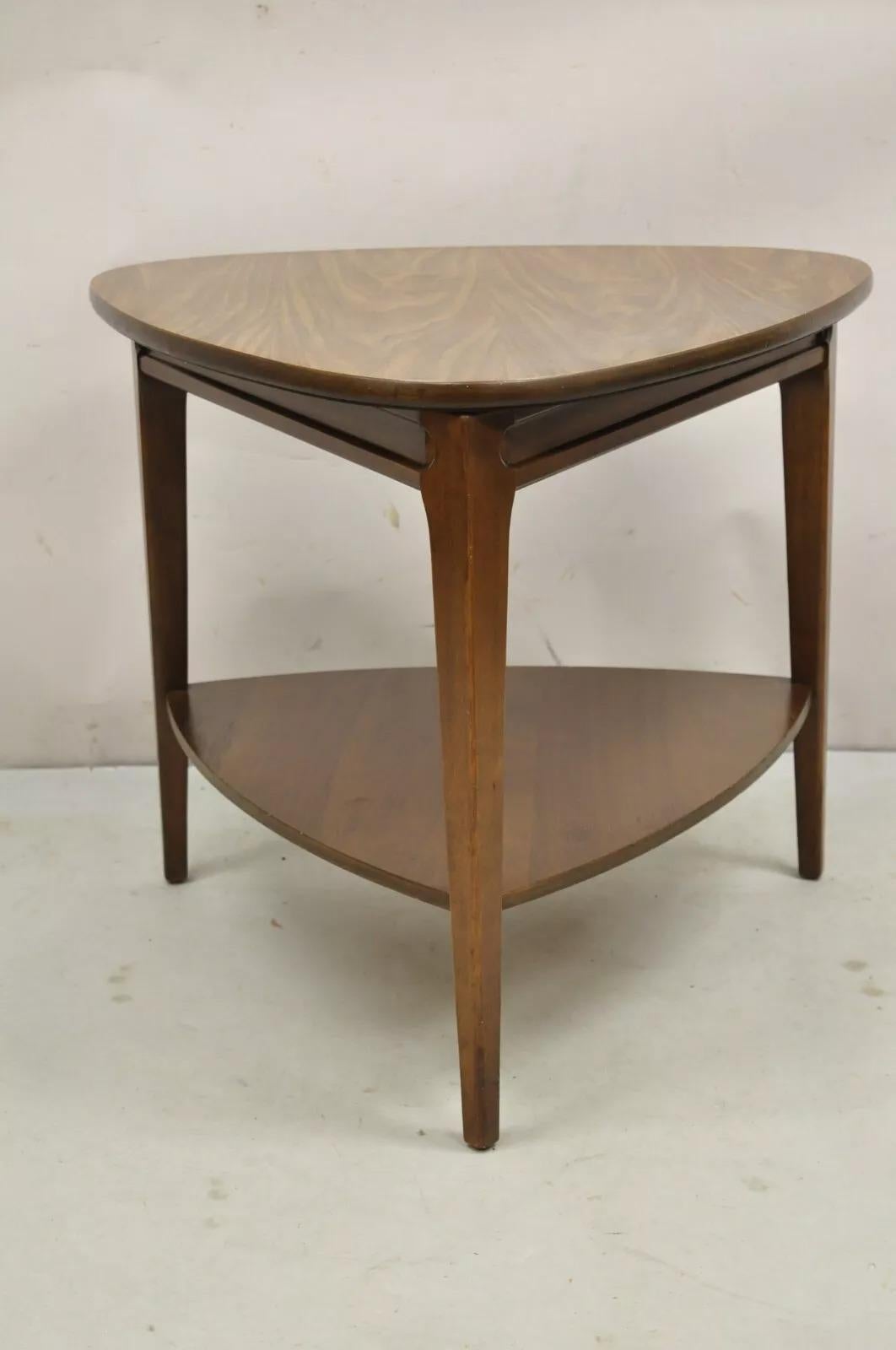Vintage Mersman Mid Century Modern Walnut and Formica Top Guitar Pick Side Table. Circa Mid 20th Century. Measurements: 21.25