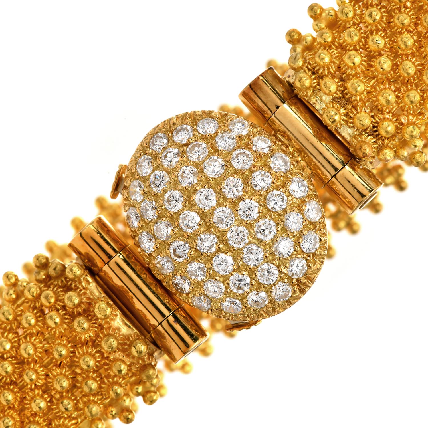 Retro Vintage Mesh 1.50cts Diamond 24k  Yellow Gold Beaded Link Mesh Bracelet For Sale